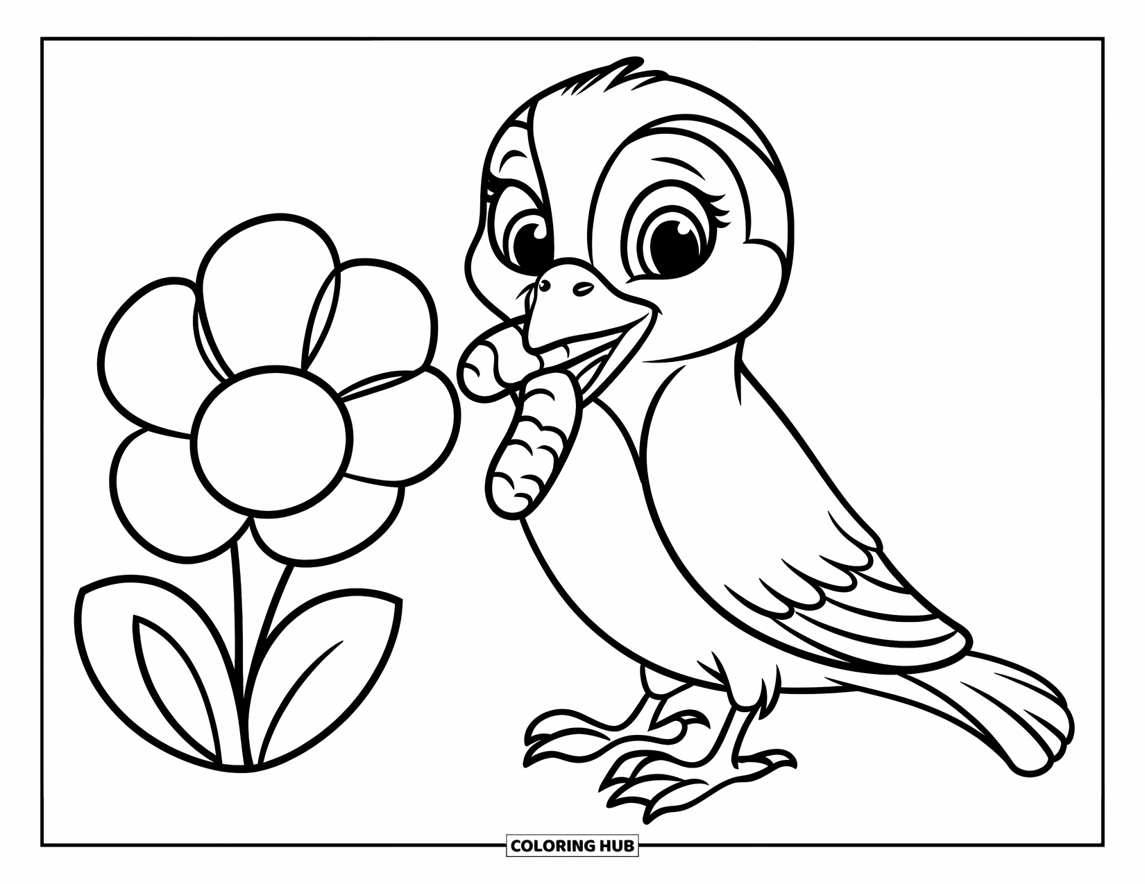 Vogel Ausmalbild für Kinder: Fröhlicher Vogel mit einem Wurm in der Nähe einer großen Blume
