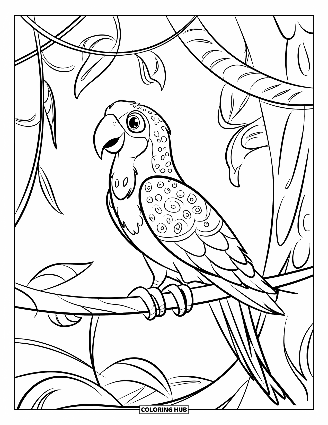 Vogel Ausmalbild für Kinder: Bunter Papagei sitzt auf einer gewundenen Ranke tief im Dschungel