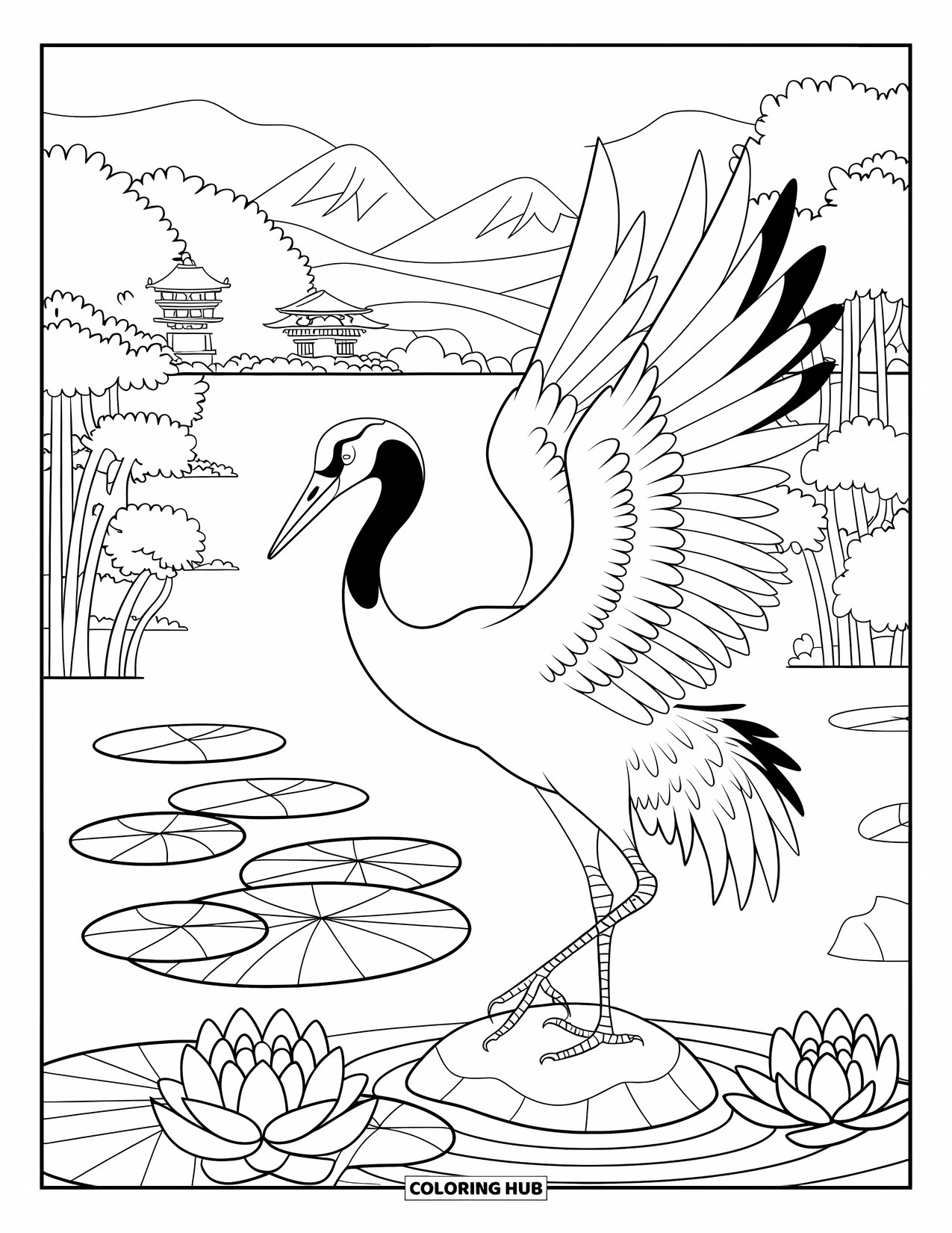 Vogel Ausmalbild für Kinder: Kranich auf einem Felsen neben einem friedlichen Lotus-Teich und Bergblick