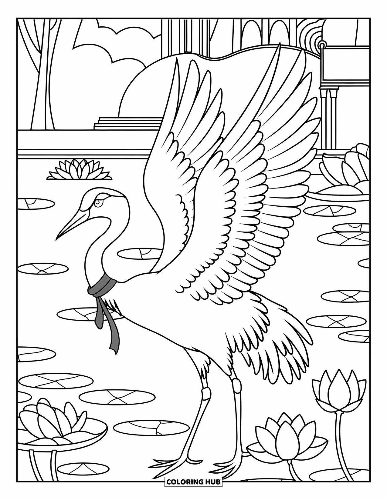 Vogel Ausmalbild für Kinder: Kranich mit einem Band um den Hals neben einem mit Lotusblumen gefüllten Teich und Bäumen