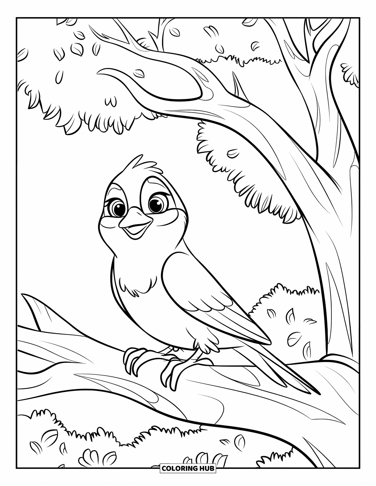 Vogel Ausmalbild für Kinder: Süßer Vogel sitzt unter klarem Himmel auf einem großen Baumast