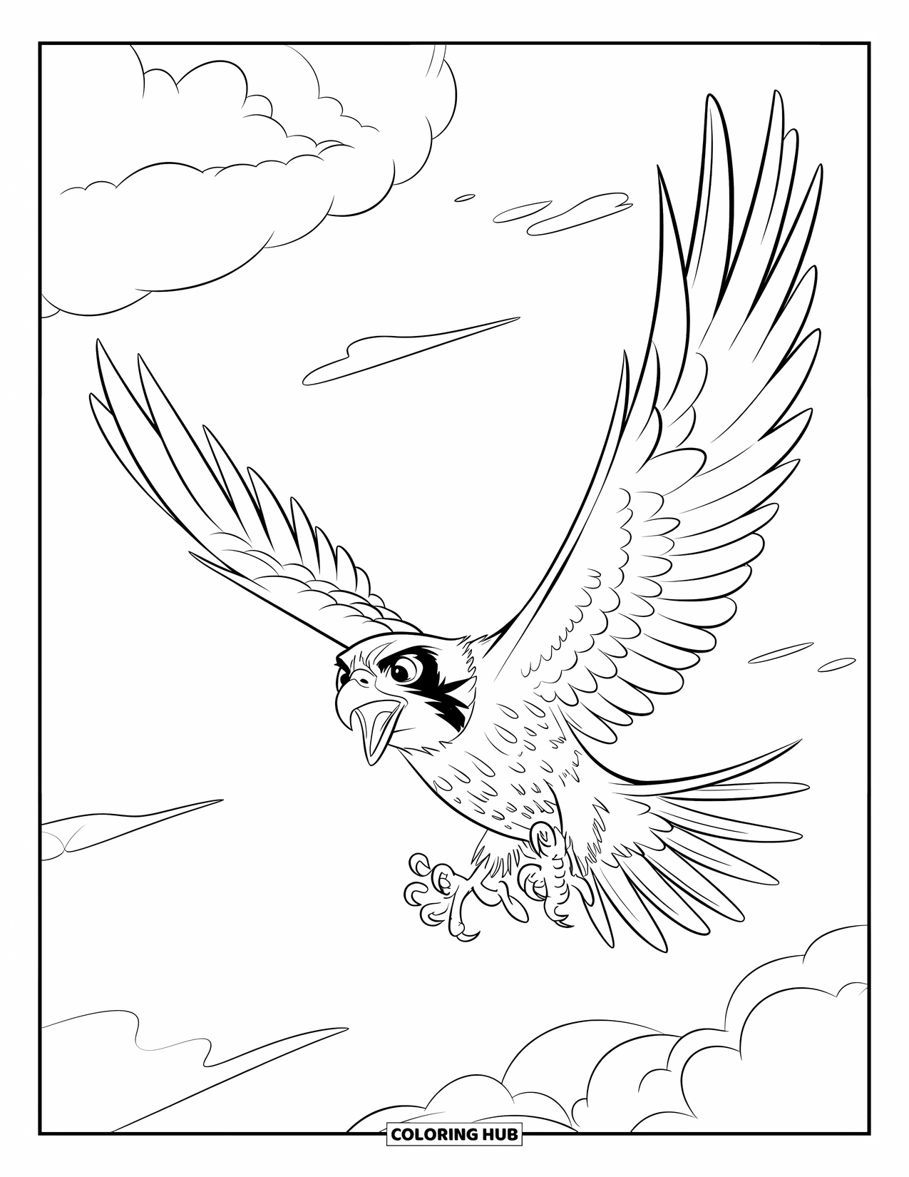 Vogel Ausmalbild für Kinder: Falke taucht mit scharfen Flügeln und fokussierten Augen unter einem bewölkten Himmel herab