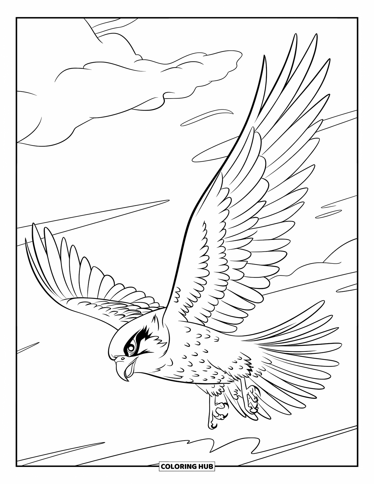 Vogel Ausmalbild für Kinder: Falke stürzt mit offenem Schnabel durch einen bewölkten Himmel