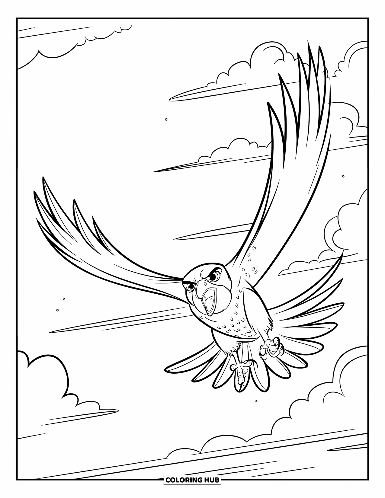 Vogel Ausmalbild für Kinder: Wilder Falke im Sturzflug mit einer kühnen Pose vor einem flauschigen Himmel