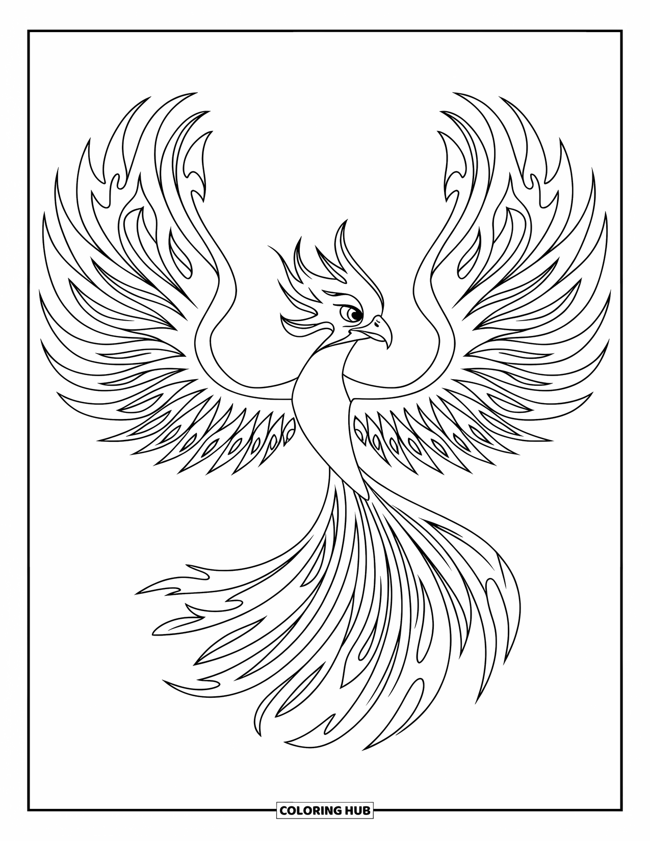 Vogel Ausmalbild für Kinder: Feuriger Vogel breitet seine Flügel mit flammenartigen Federn auf klarem Hintergrund aus
