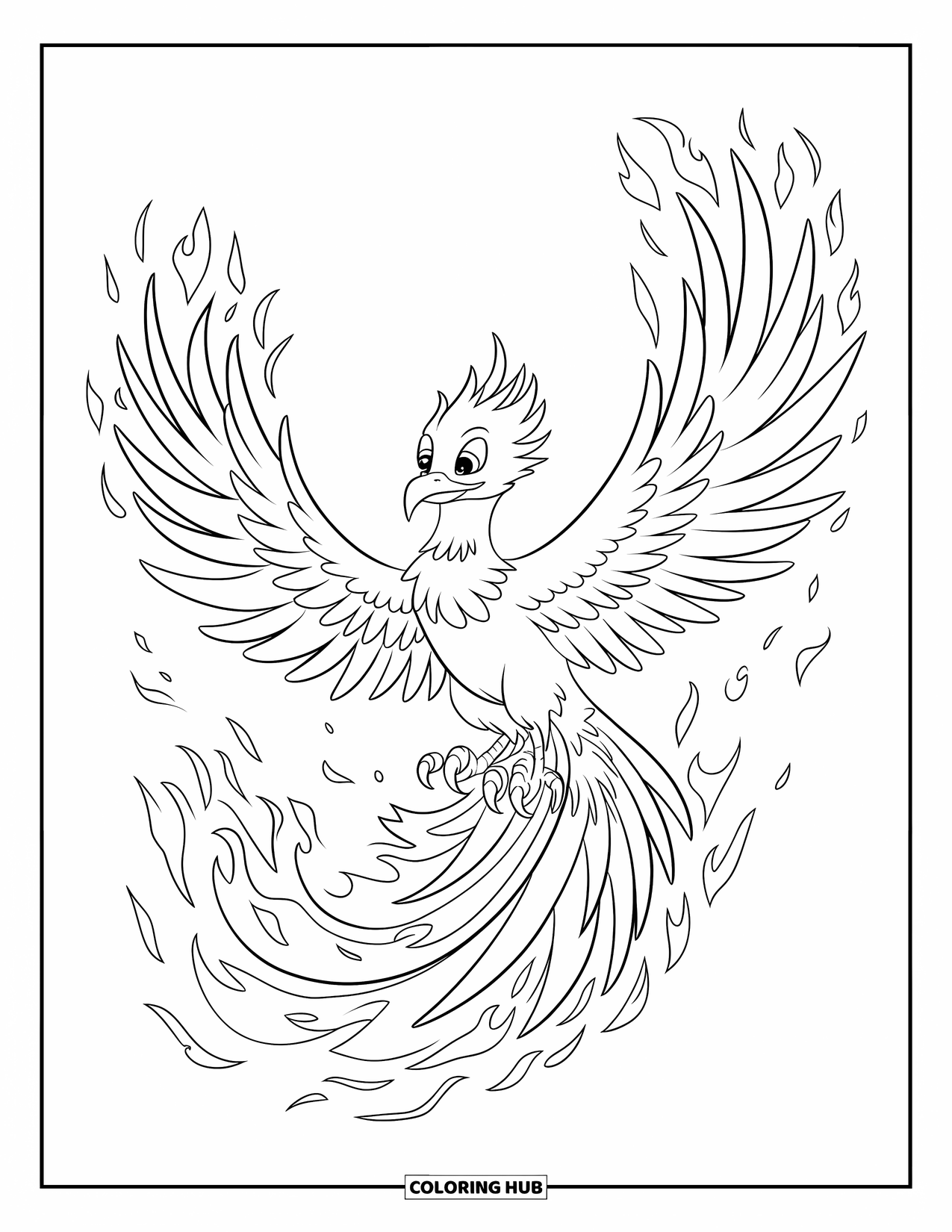 Vogel Ausmalbild für Kinder: Feuervogel im Flug, umgeben von Flammen vor klarem Himmel