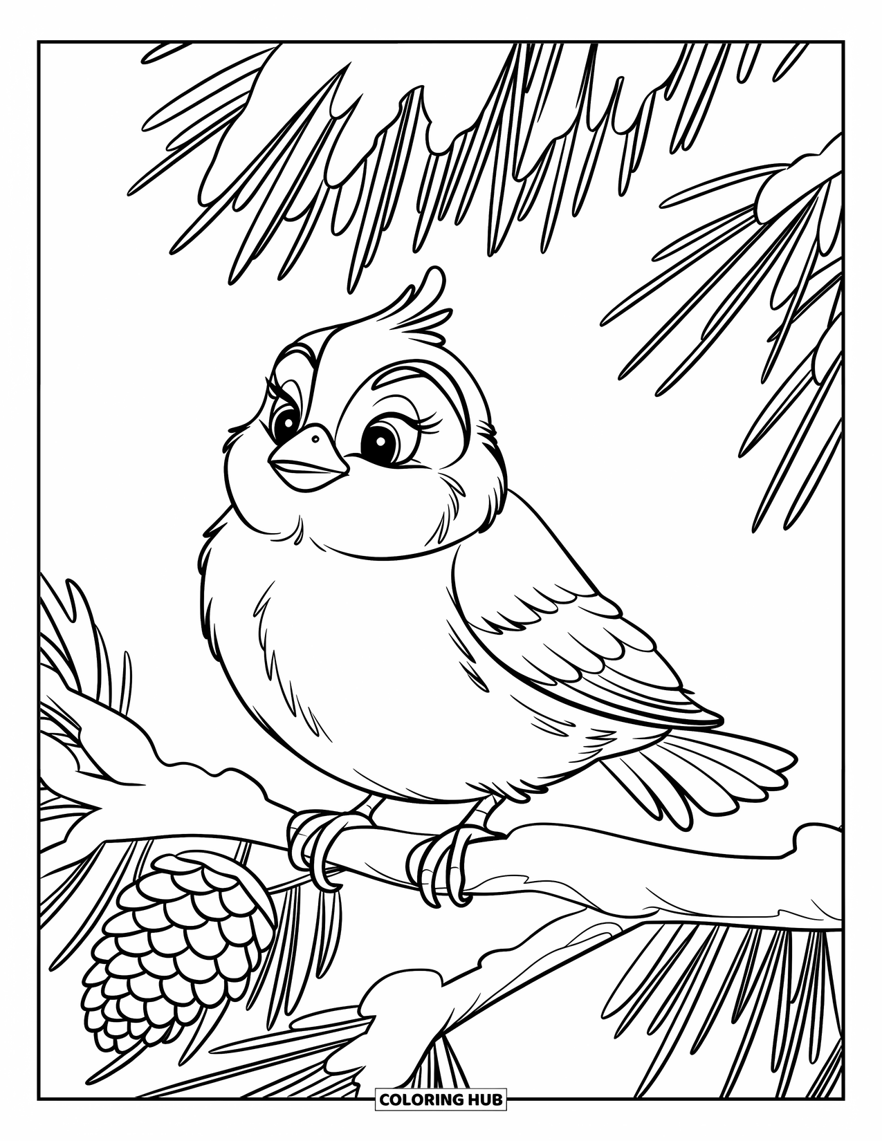 Vogel Ausmalbild für Kinder: Flauschiger Wintervogel ruht auf einem verschneiten Ast neben einem Tannenzapfen