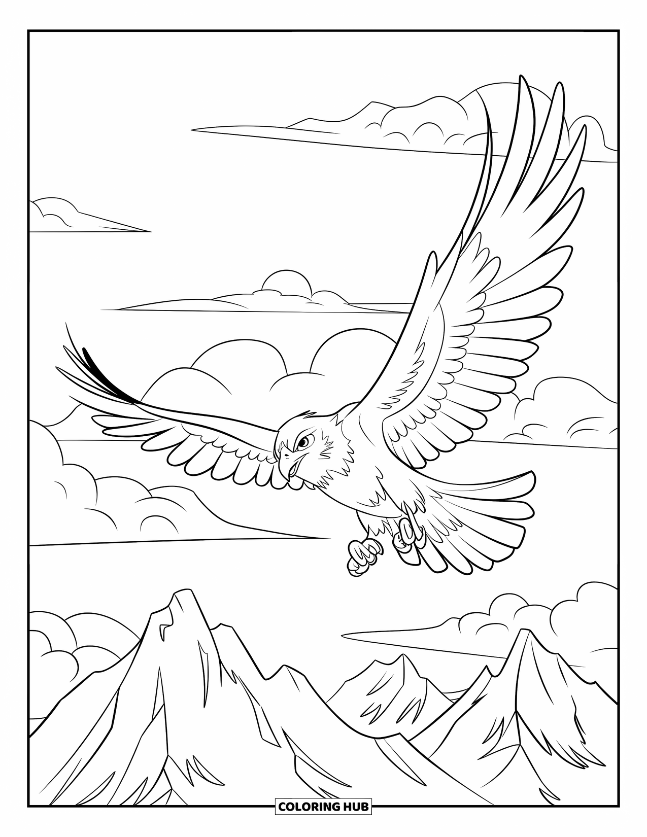 Vogel Ausmalbild für Kinder: Fokussierter Falke schwebt über grüne Berge und flauschige weiße Wolken