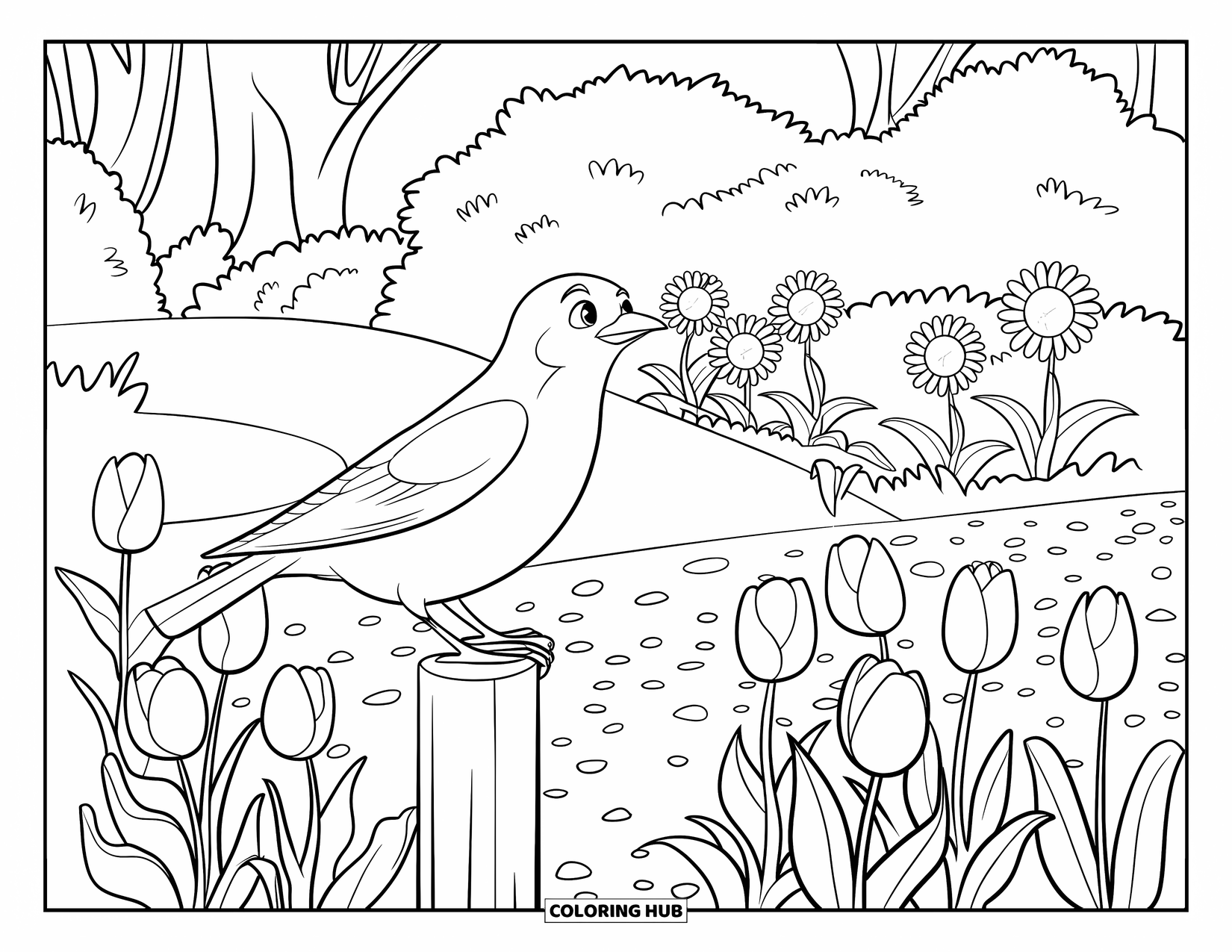 Vogel Ausmalbild für Kinder: Gartenvogel sitzt auf einem Pfosten in der Nähe von Tulpen, Sonnenblumen und Bäumen