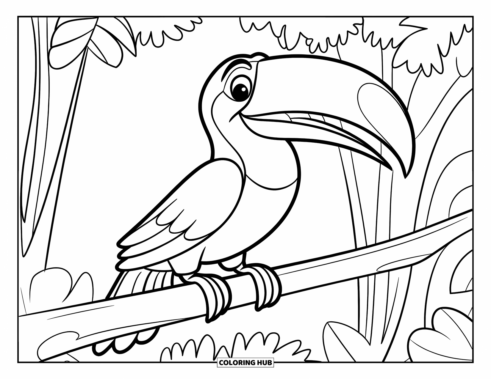 Vogel Ausmalbild für Kinder: Fröhlicher Tukan mit großem Schnabel ruht auf einem Ast