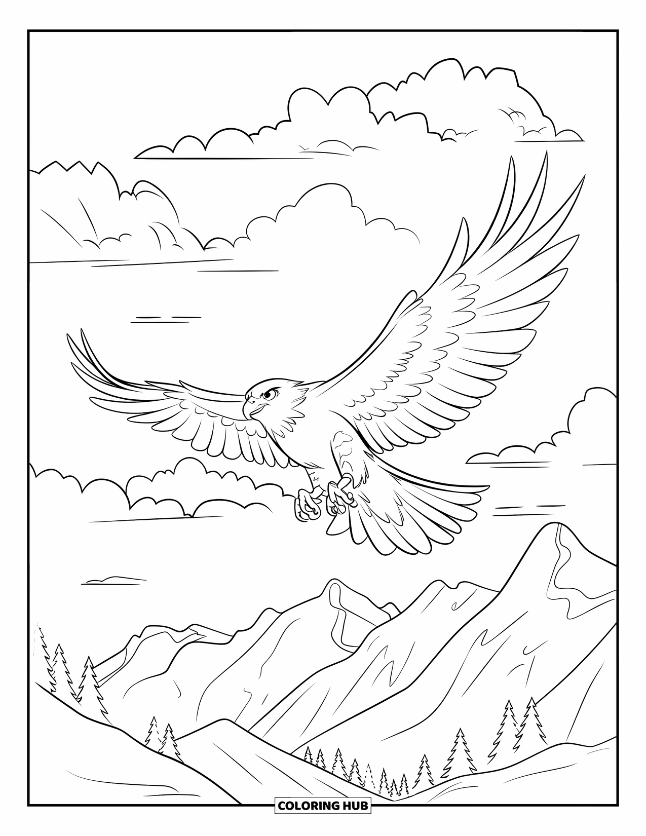 Vogel Ausmalbild für Kinder: Falke schwebt hoch durch die Wolken über zerklüfteten Berggipfeln