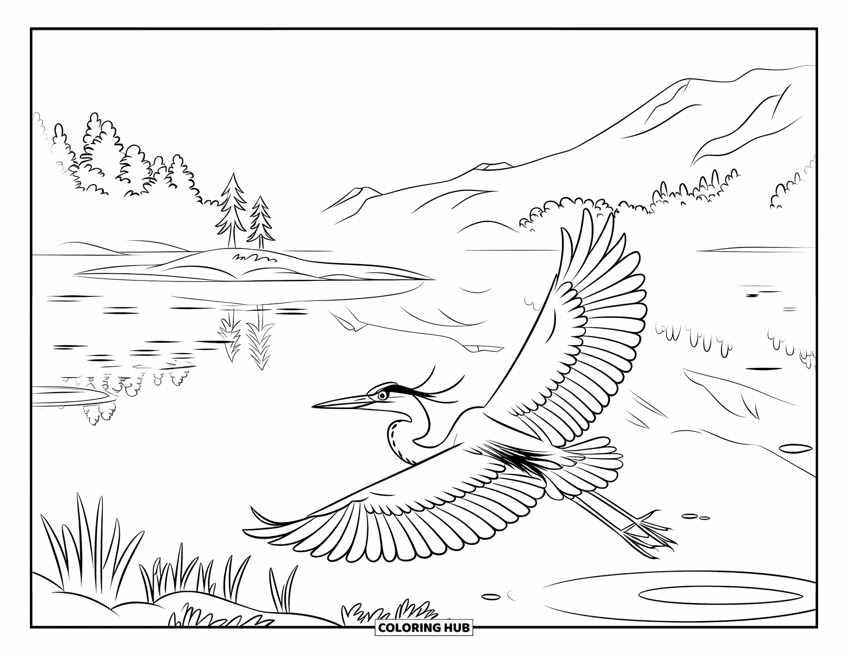 Vogel Ausmalbild für Kinder: Reiher fliegt an einem nebligen See und einer Insel unter dem Berghimmel vorbei