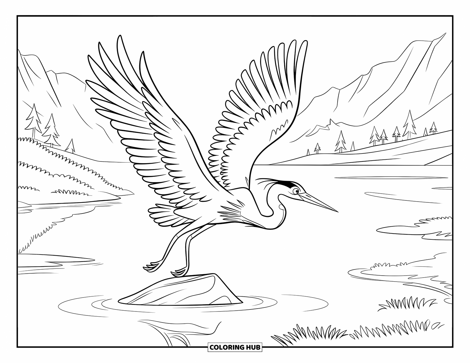 Vogel Ausmalbild für Kinder: Reiher steht ruhig auf einem Felsen im See, umgeben von Grün und fernen Bergen