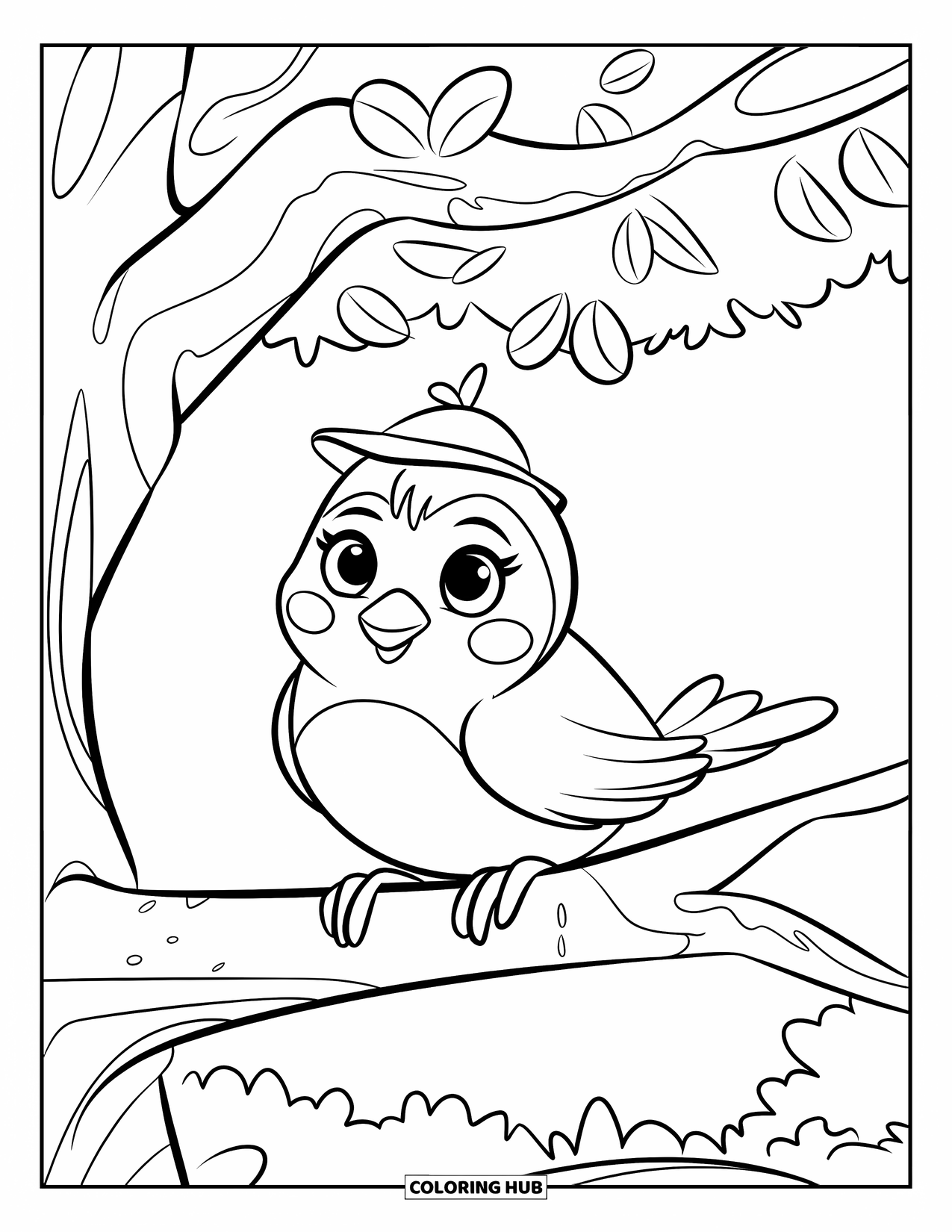 Vogel Ausmalbild für Kinder: Kleiner Vogel mit Hut sitzt auf einem belaubten Ast unter dem Himmel