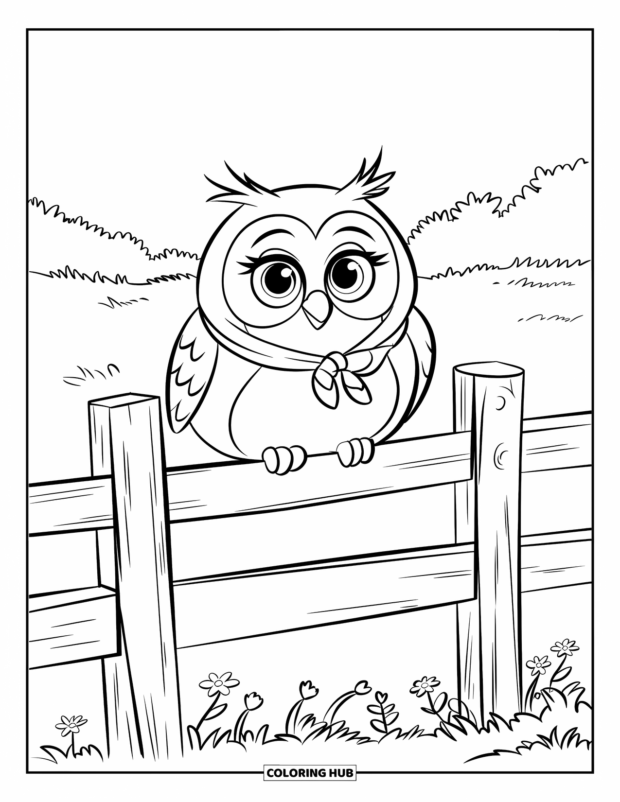 Vogel Ausmalbild für Kinder: Kleine Eule mit großen Augen sitzt auf einem Zaun in einem Feld