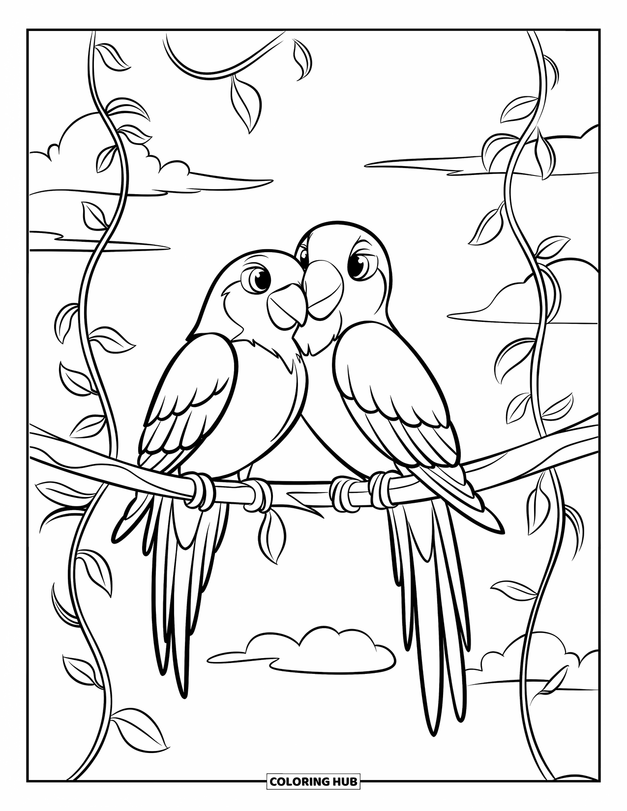 Vogel Ausmalbild für Kinder: Turteltauben kuscheln auf einem hängenden Ast, der in sich windenden Ranken und Wolken gehüllt ist