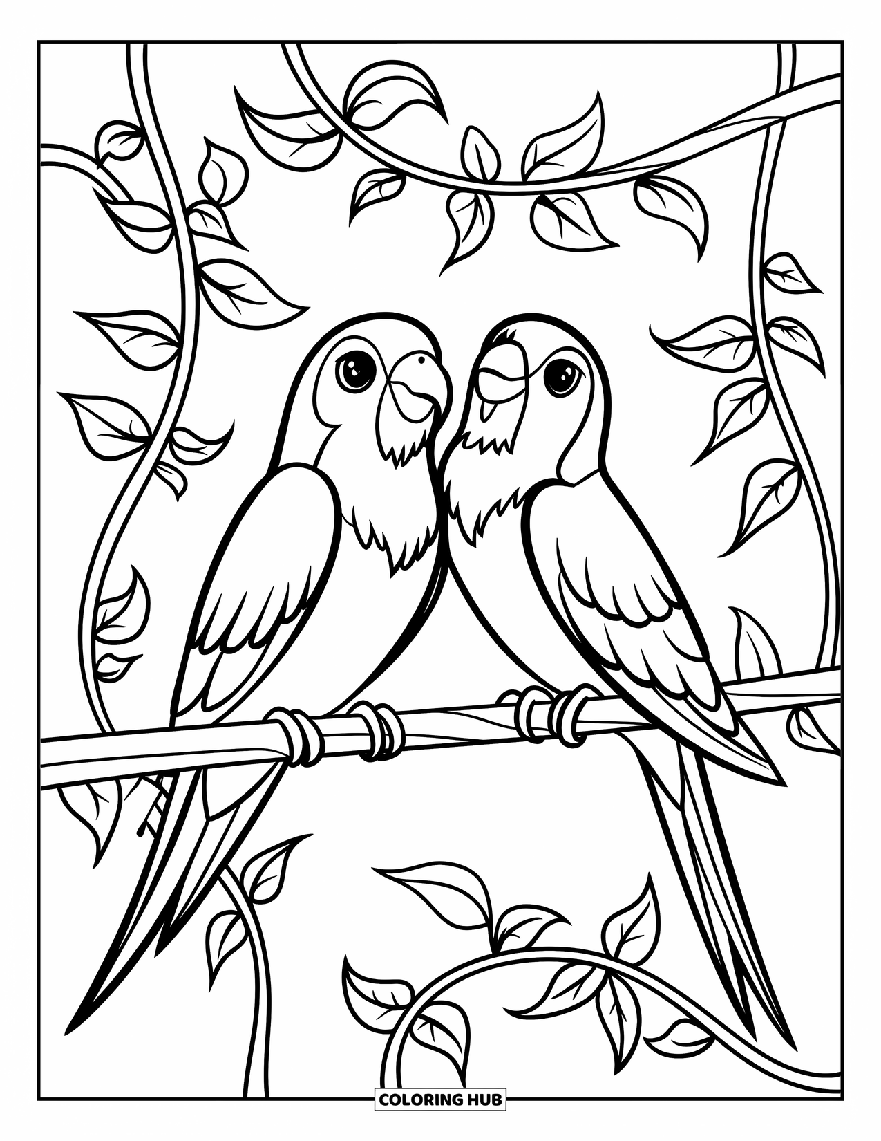Vogel Ausmalbild für Kinder: Turteltauben sitzen eng aneinander auf einem mit Ranken bewachsenen Ast mit Blättern ringsum