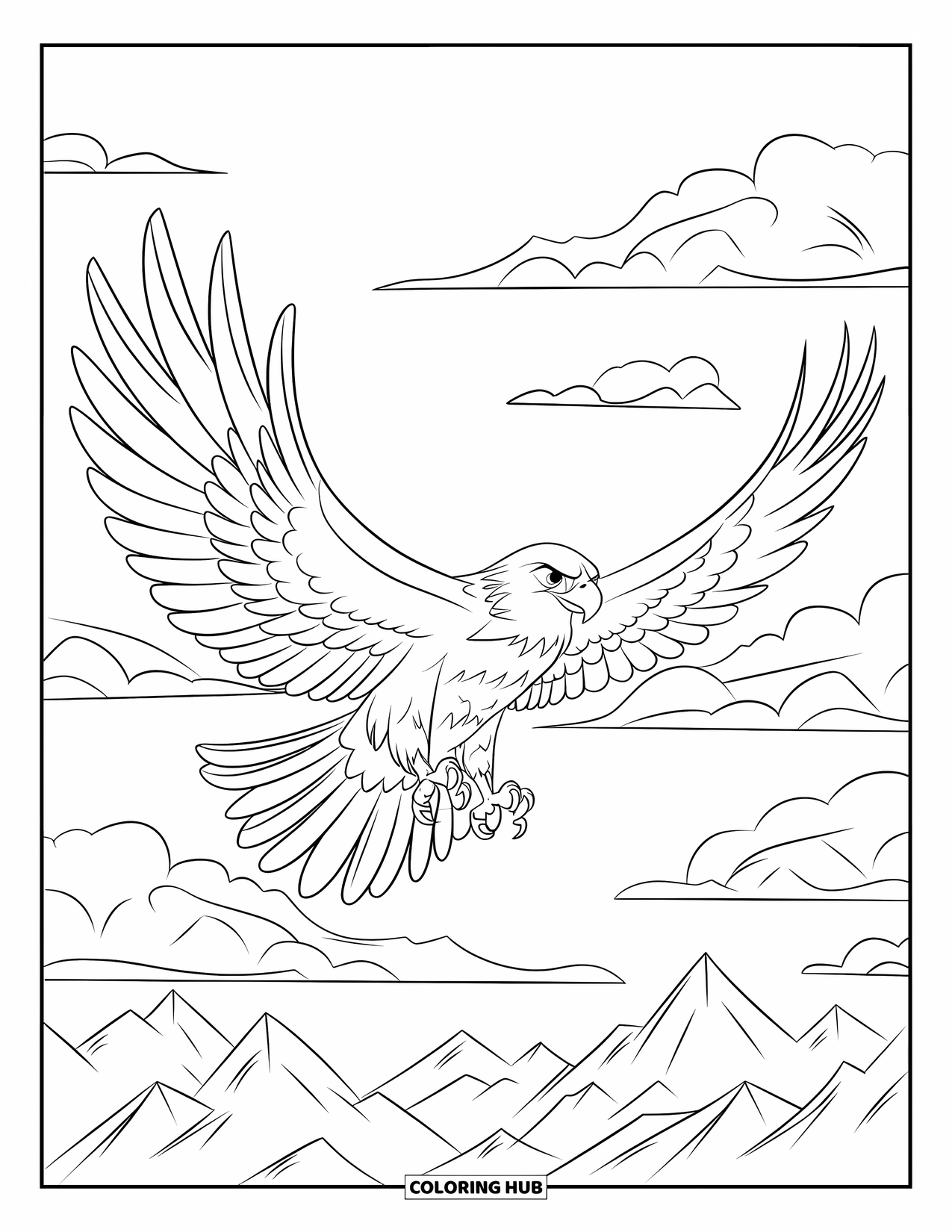 Vogel Ausmalbild für Kinder: Majestätischer Falke fliegt mit ausgestreckten Krallen über scharfe Felsberge
