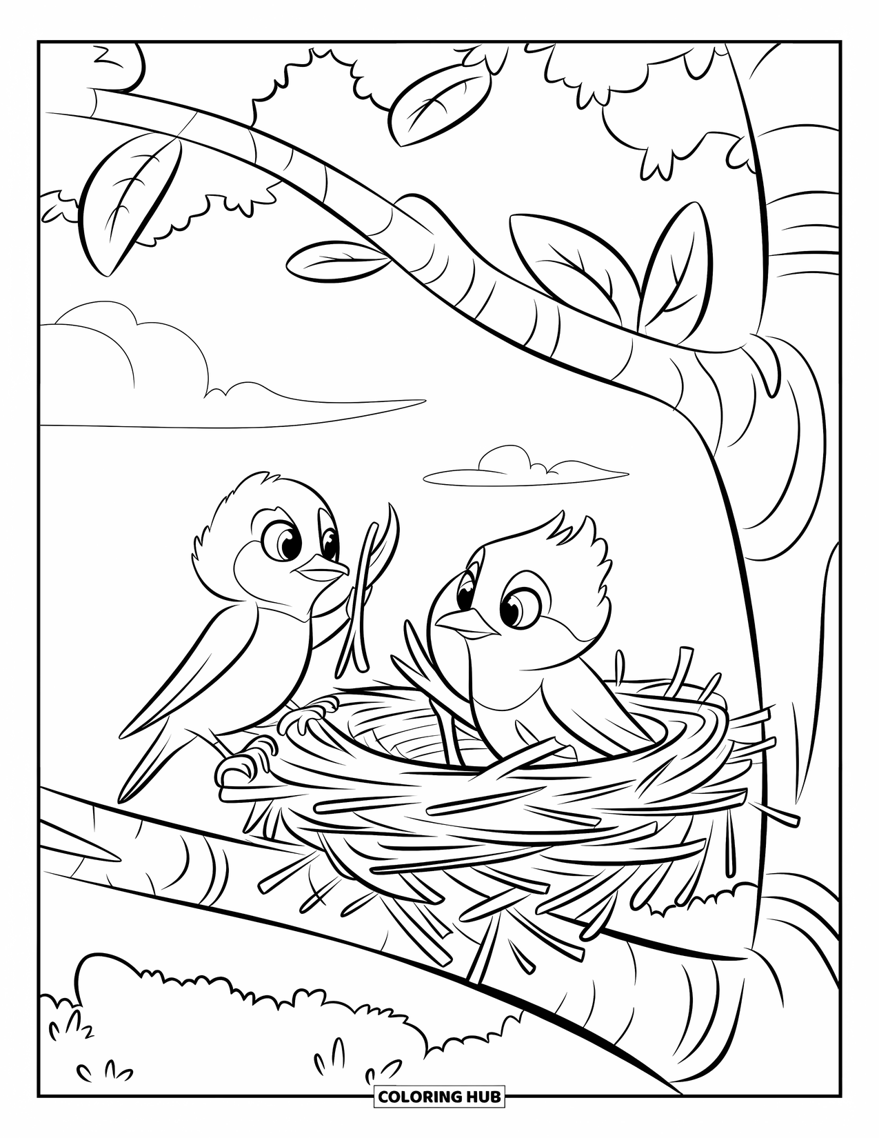 Vogel Ausmalbild für Kinder: Ein Vogel baut, während der andere im Baumhaus sitzt