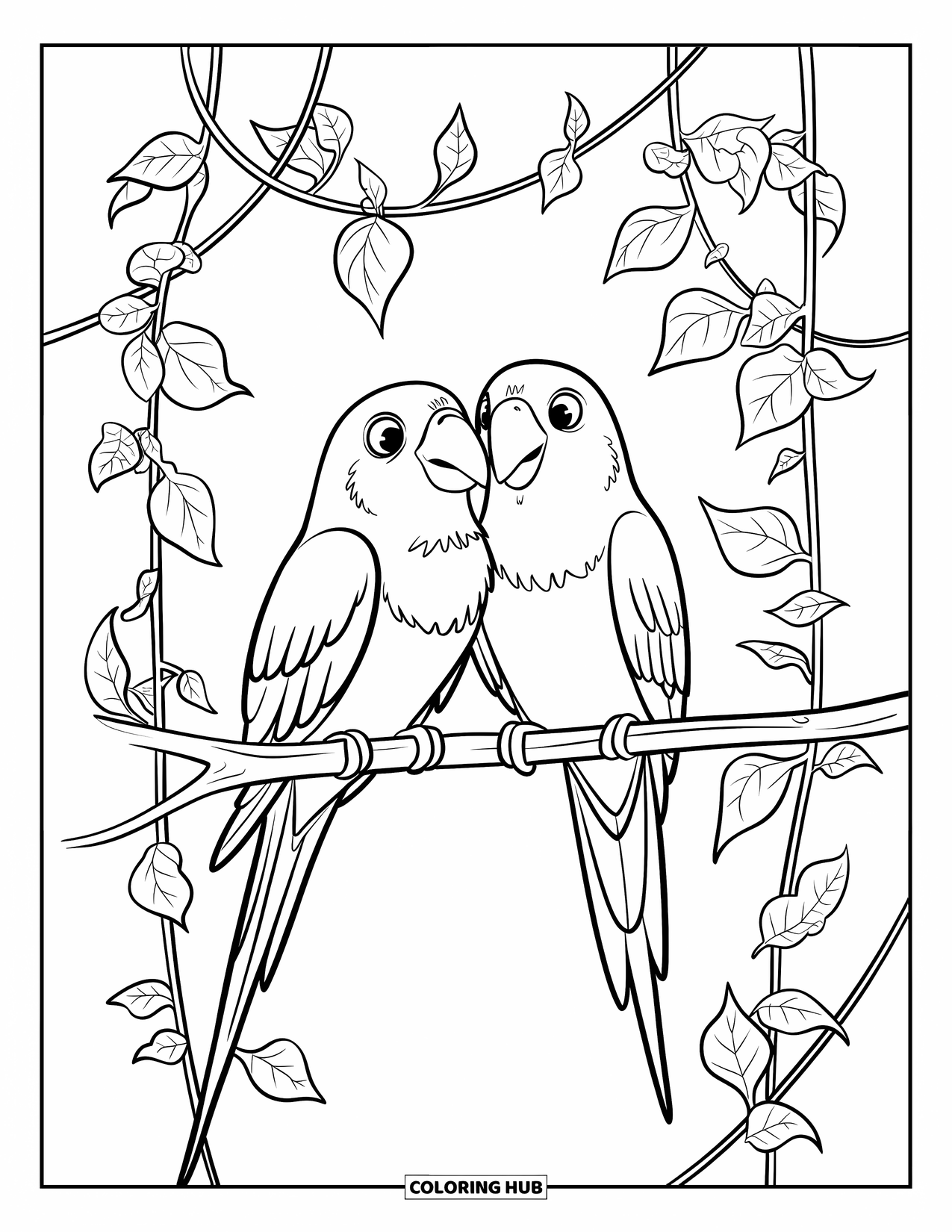 Vogel Ausmalbild für Kinder: Paar Turteltauben ruhen auf einem mit Ranken bewachsenen Ast mit einem friedlichen Himmel