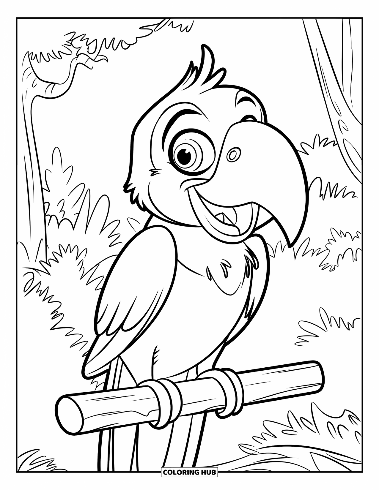 Vogel Ausmalbild für Kinder: Papagei mit großem Schnabel sitzt auf einer Stange im Wald