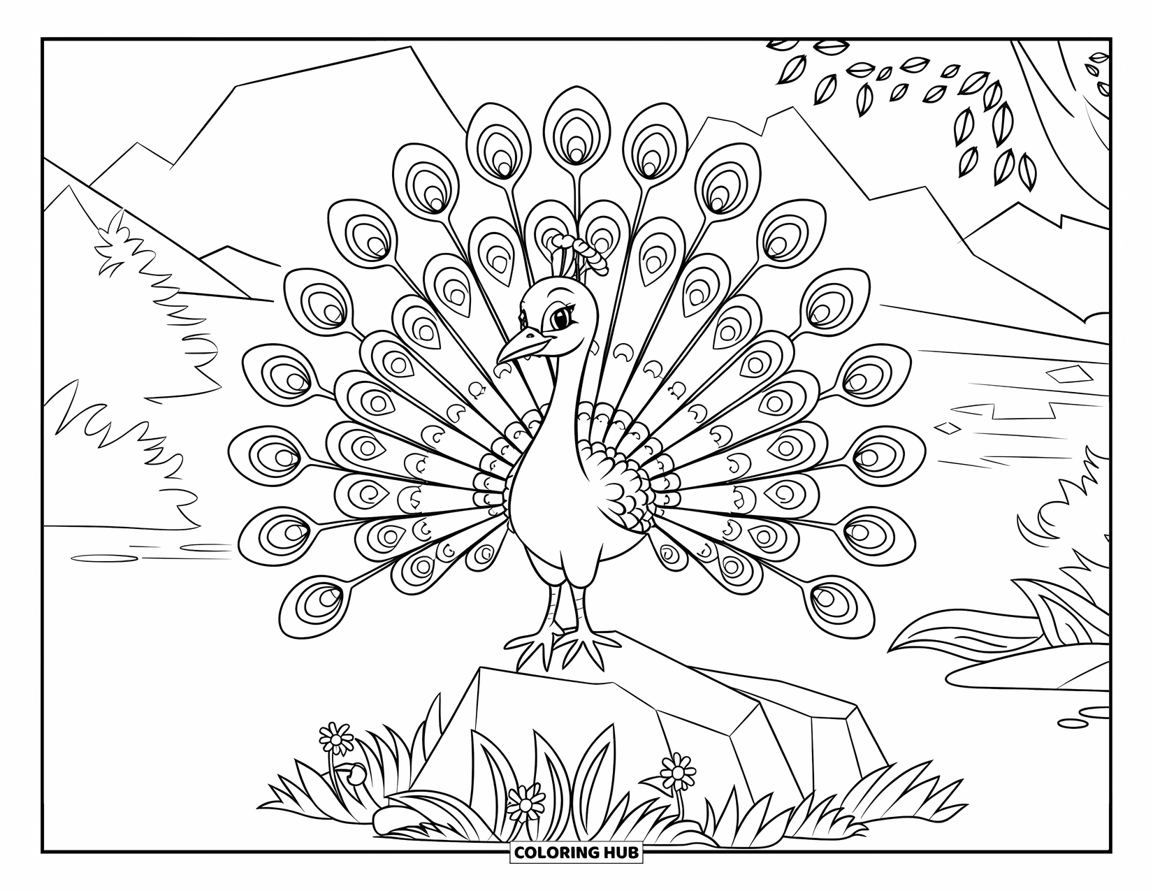 Vogel Ausmalbild für Kinder: Pfau sitzt auf einem Felsen, umgeben von Blumen und einer friedlichen Landschaft