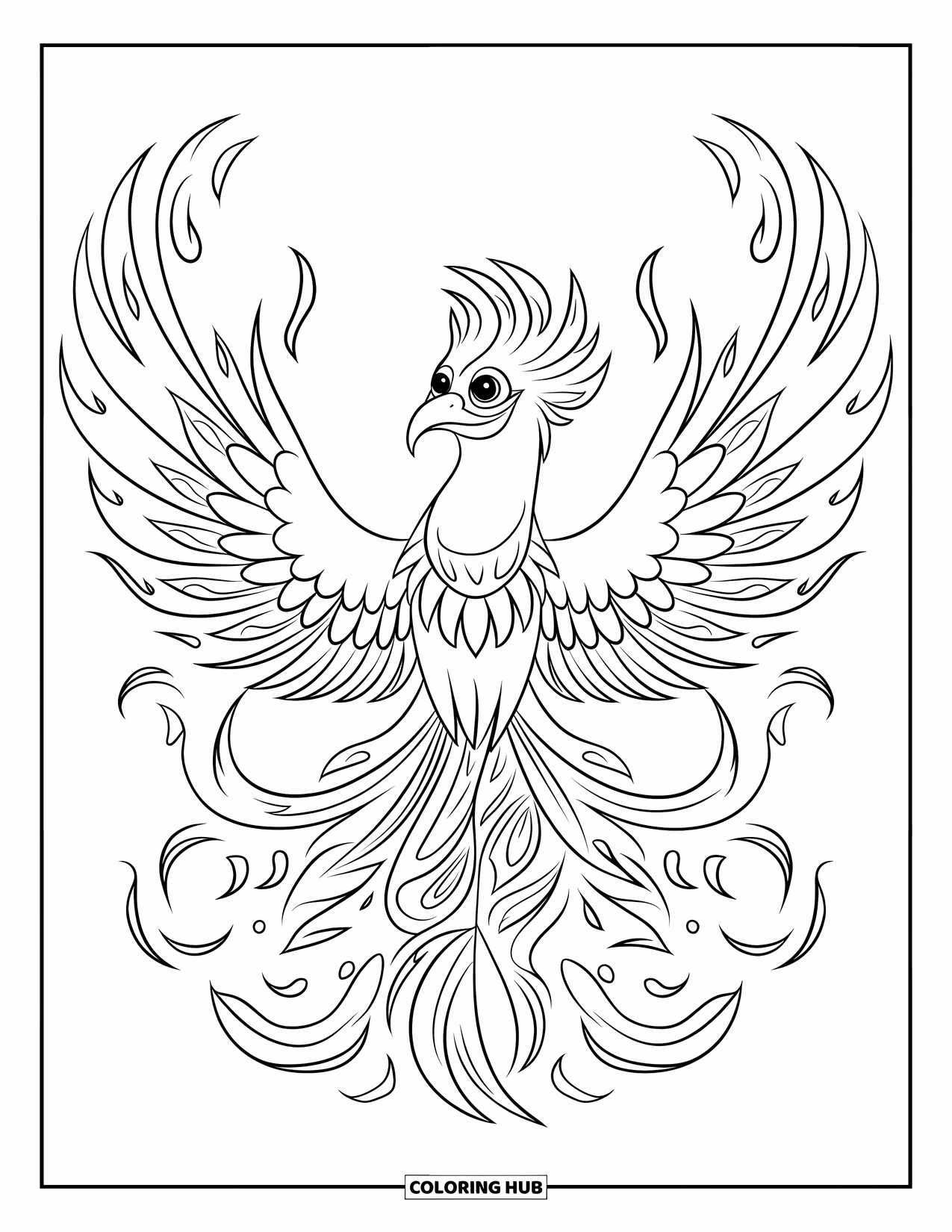 Vogel Ausmalbild für Kinder: Phönix-Vogel streckt seine Flügel mit kräftigen, detaillierten Flammenfedern