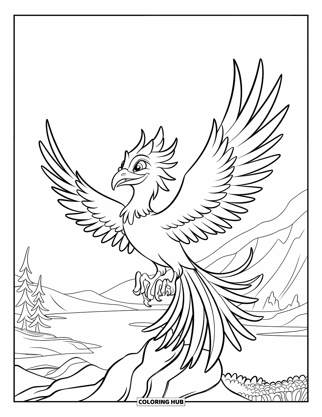 Vogel Ausmalbild für Kinder: Phönix-ähnlicher Vogel fliegt hoch über einer friedlichen Berg- und Waldlandschaft