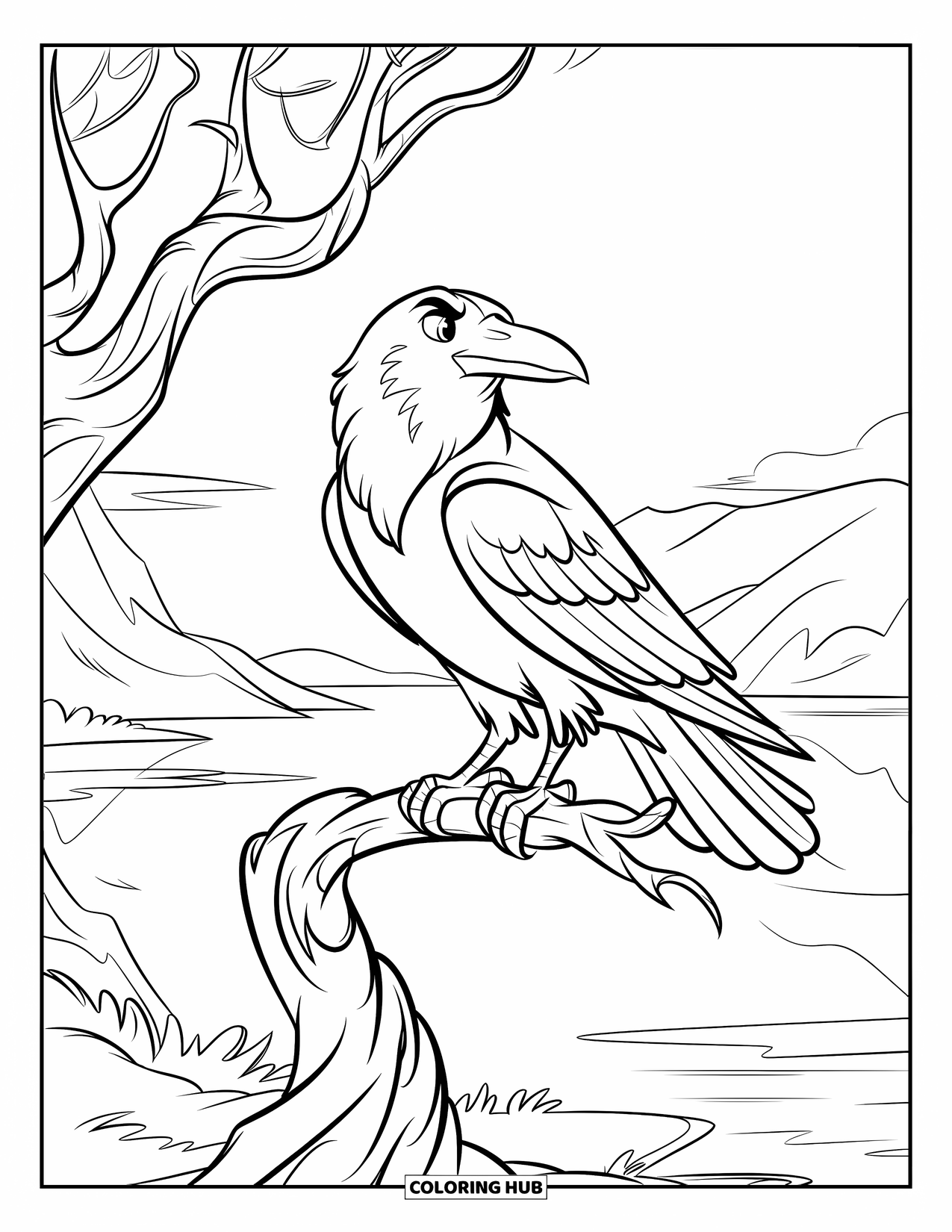 Vogel Ausmalbild für Kinder: Rabe auf einem verdrehten Baum in der Nähe eines ruhigen Sees und ferner Berge