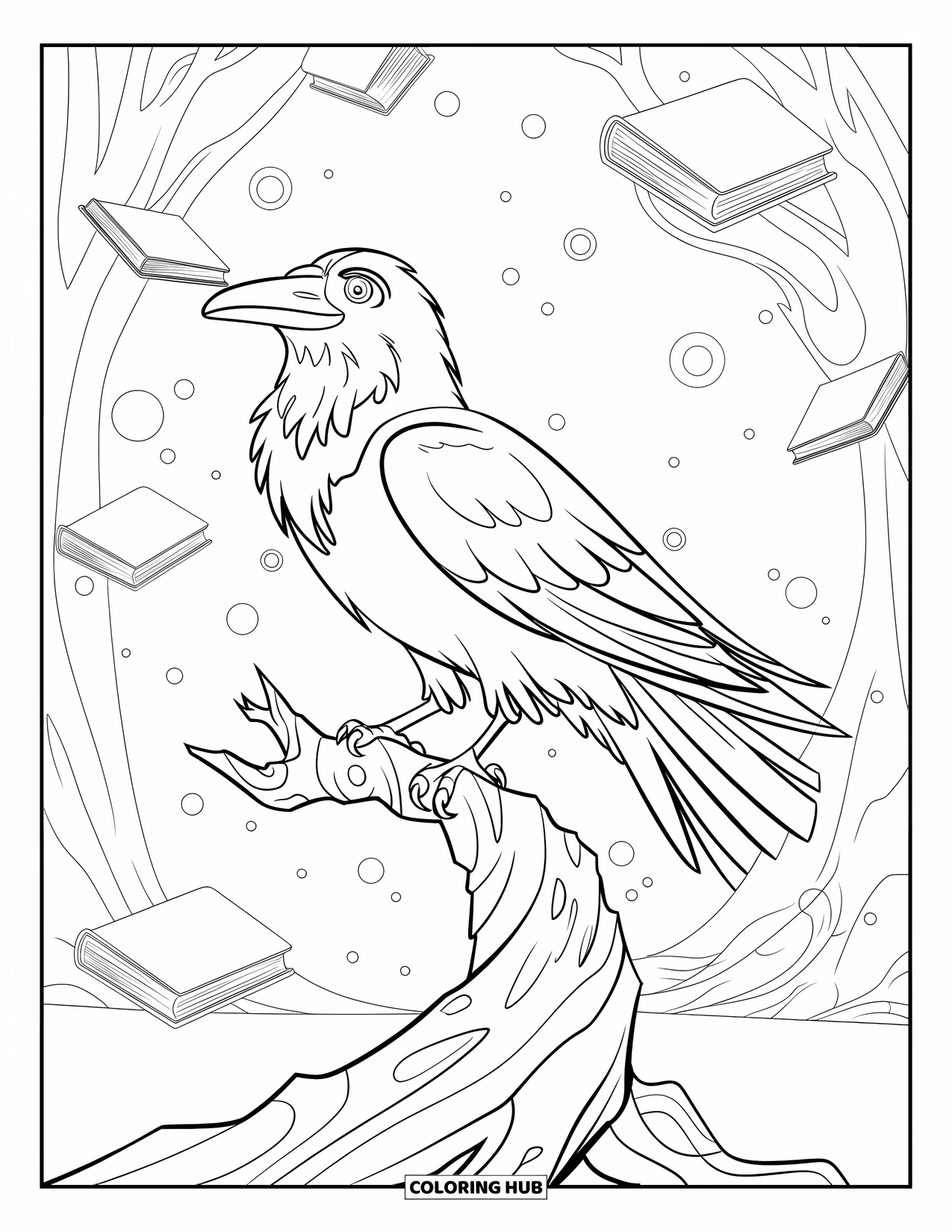 Vogel Ausmalbild für Kinder: Rabe sitzt auf einem verdrehten Baum in einem magischen Wald mit schwebenden Büchern
