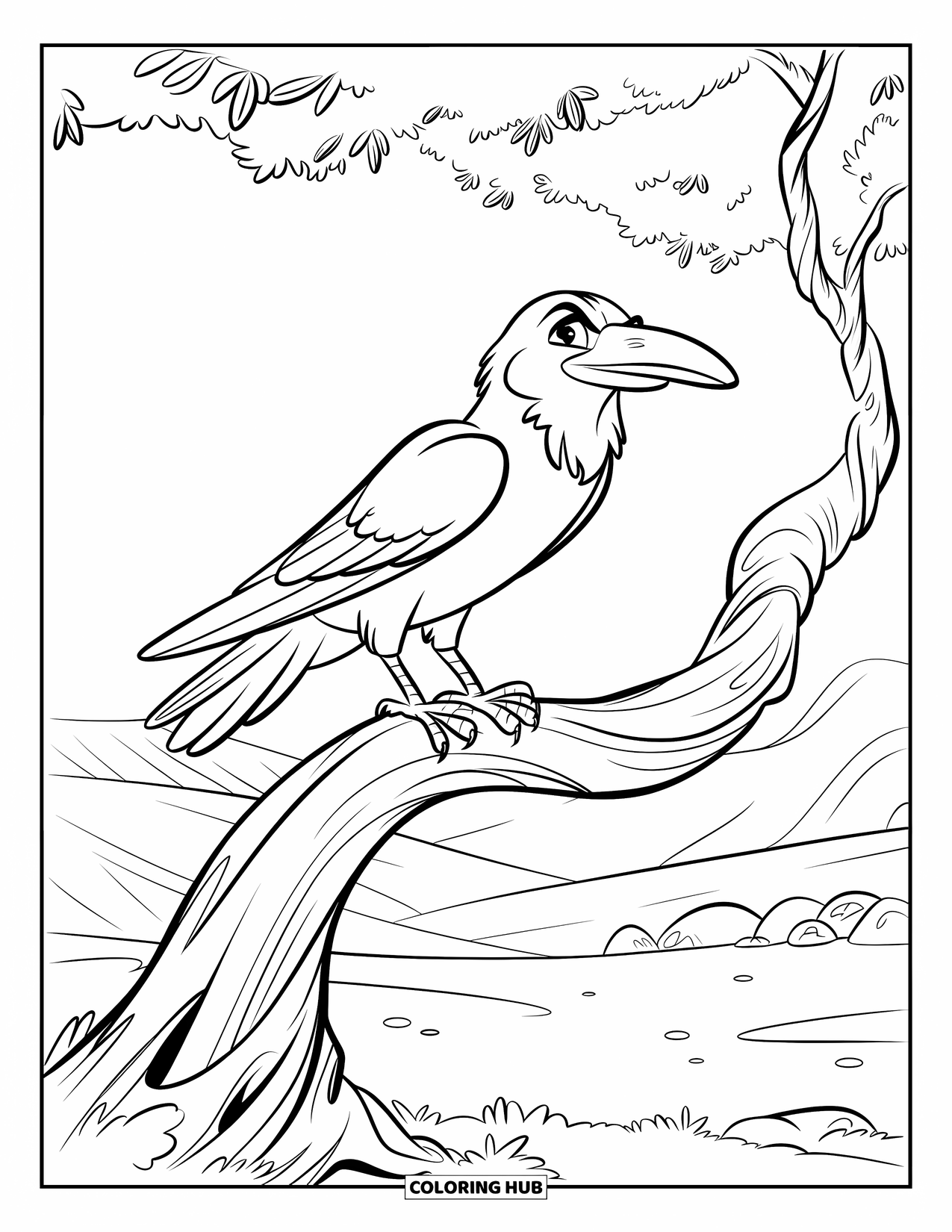 Vogel Ausmalbild für Kinder: Rabe sitzt auf einem knorrigen Ast mit Hügeln und Felsen in der Ferne