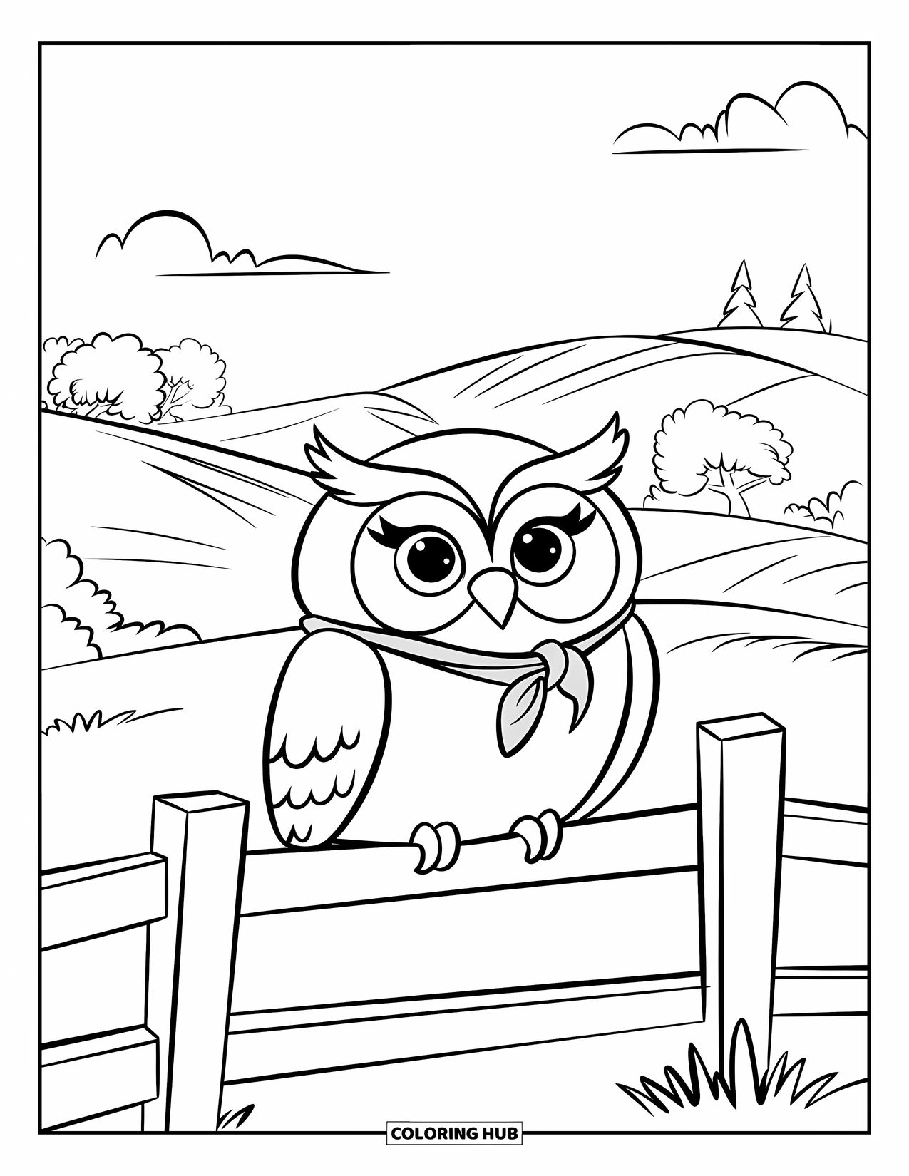 Vogel Ausmalbild für Kinder: Schal-tragende Eule sitzt auf einem Zaun mit Hügeln und Wolken dahinter