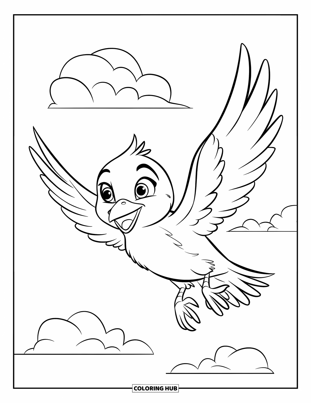 Vogel Ausmalbild für Kinder: Lächelnder Vogel fliegt mit weit ausgebreiteten Flügeln und glücklichen Augen