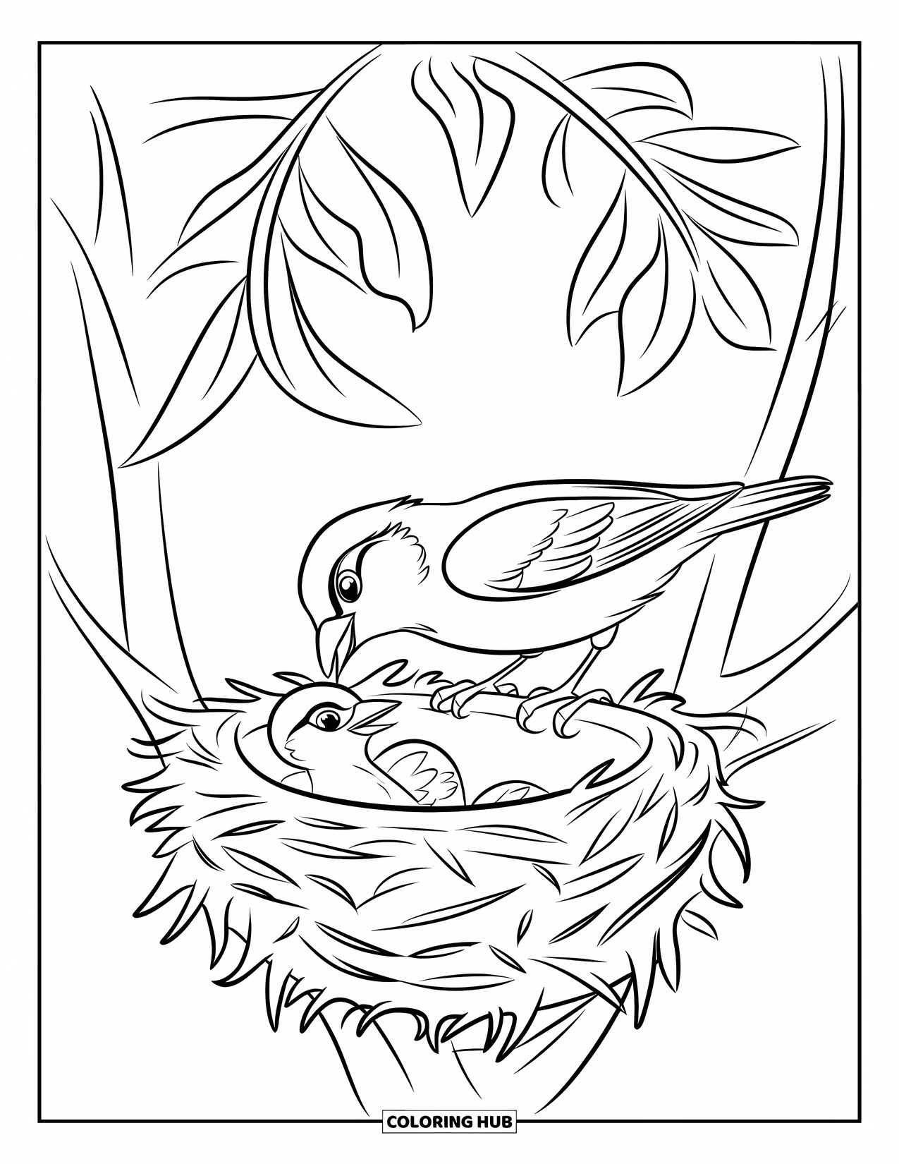 Vogel Ausmalbild für Kinder: Spatz füttert sein Küken in einem gemütlichen Nest auf einem Ast