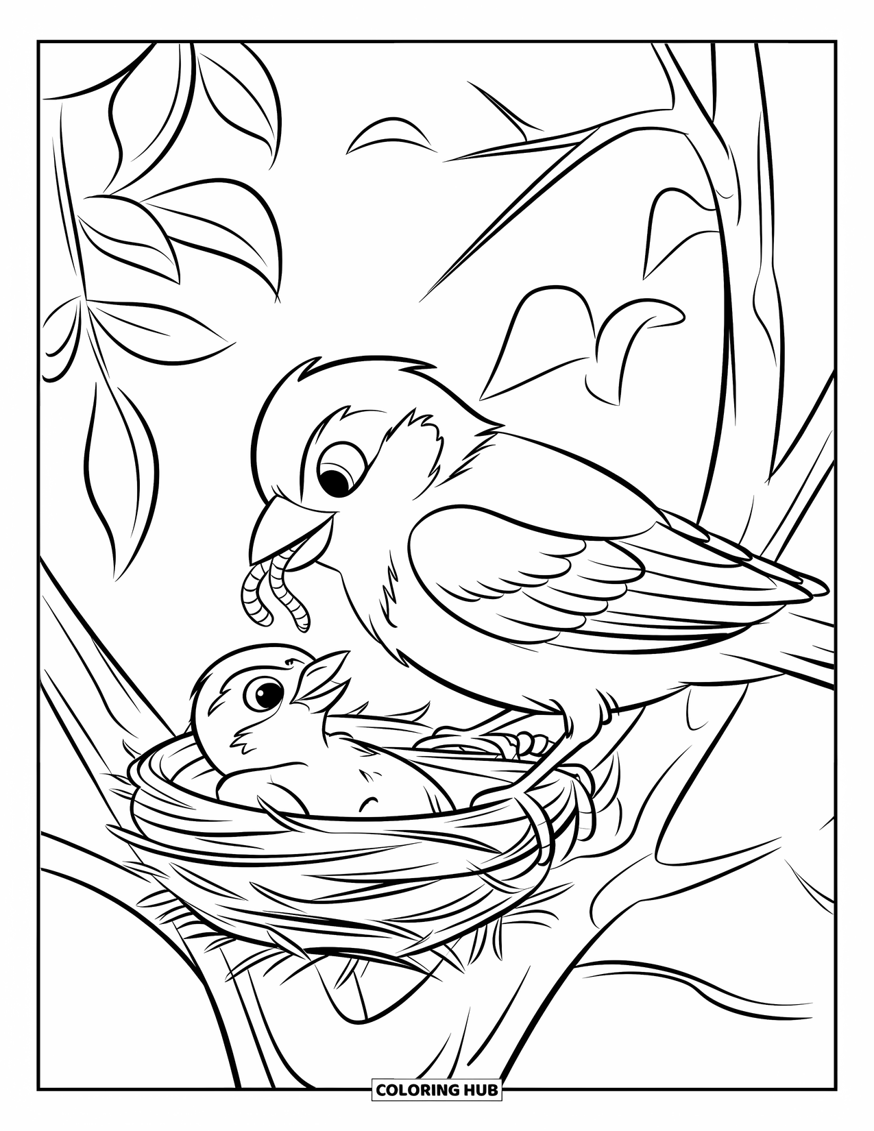 Vogel Ausmalbild für Kinder: Spatz hält einen Wurm, während er sein Küken in einem Nest füttert