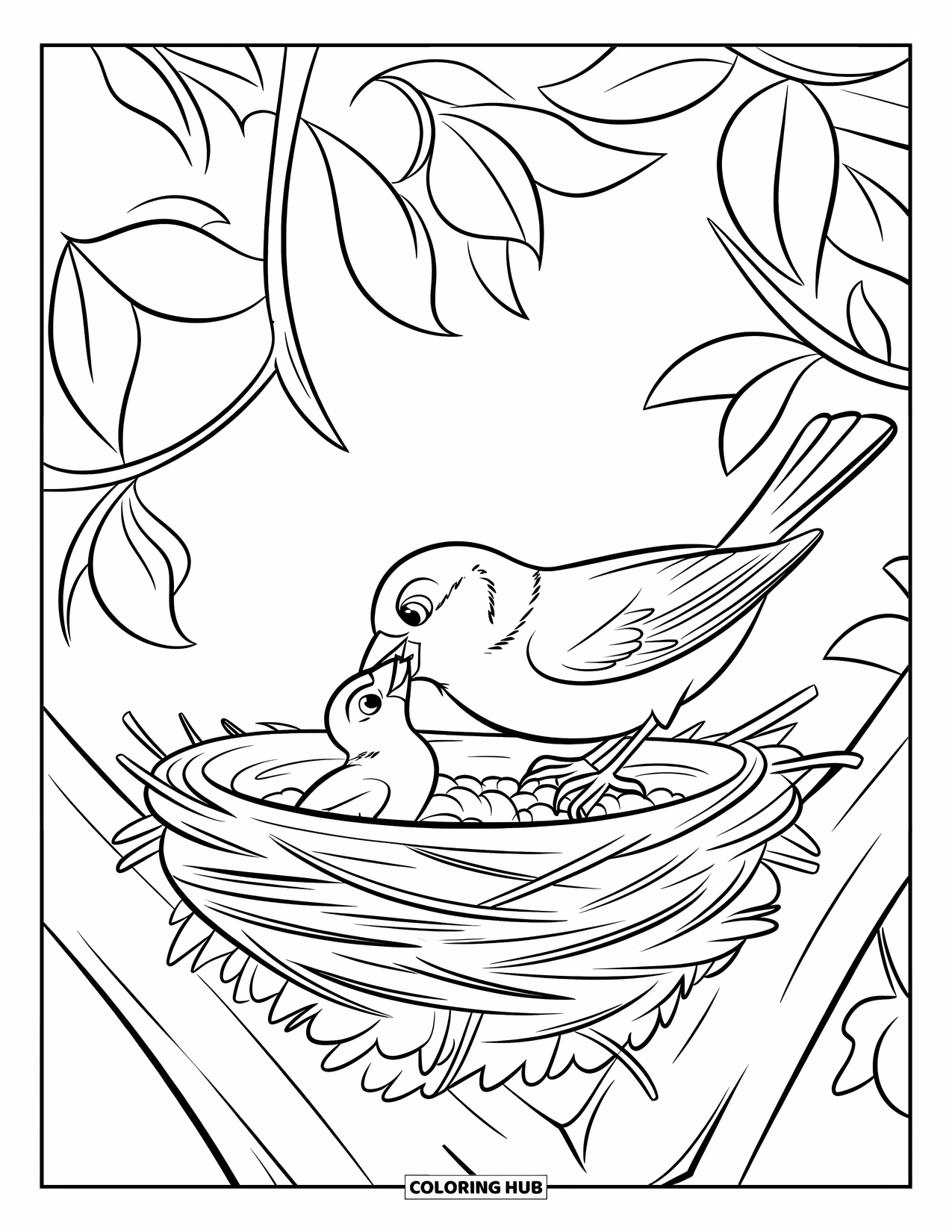 Vogel Ausmalbild für Kinder: Spatz lehnt sich in sein Nest, um ein winziges Küken zu füttern
