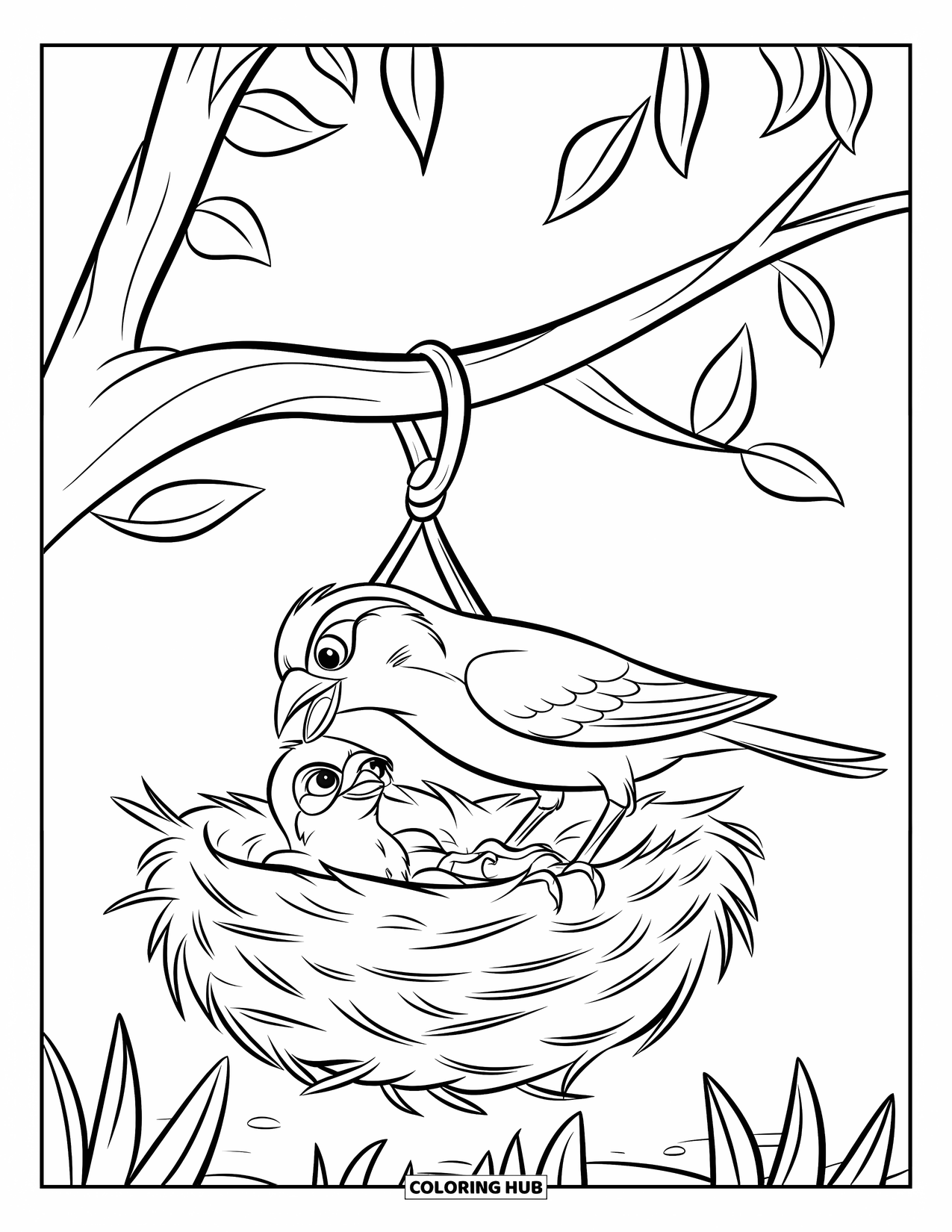 Vogel Ausmalbild für Kinder: Spatz sitzt neben seinem Küken in einem hängenden Nest