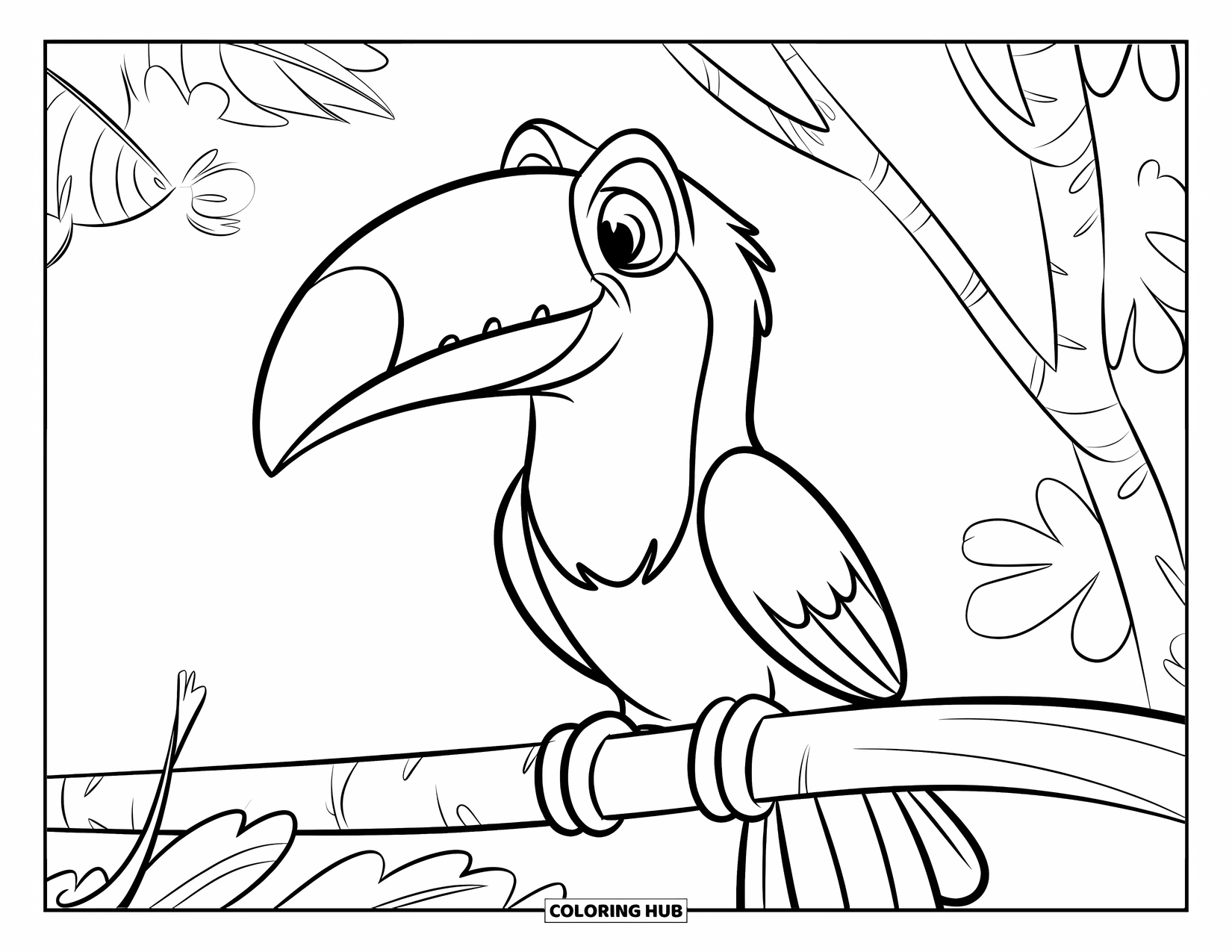 Vogel Ausmalbild für Kinder: Tukan lächelt, während er auf einem dicken Waldast sitzt
