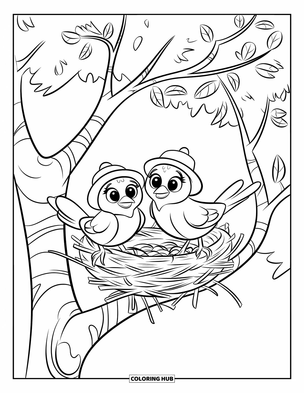 Vogel Ausmalbild für Kinder: Zwei Vögel bauen zusammen ein Nest auf einem Baumast