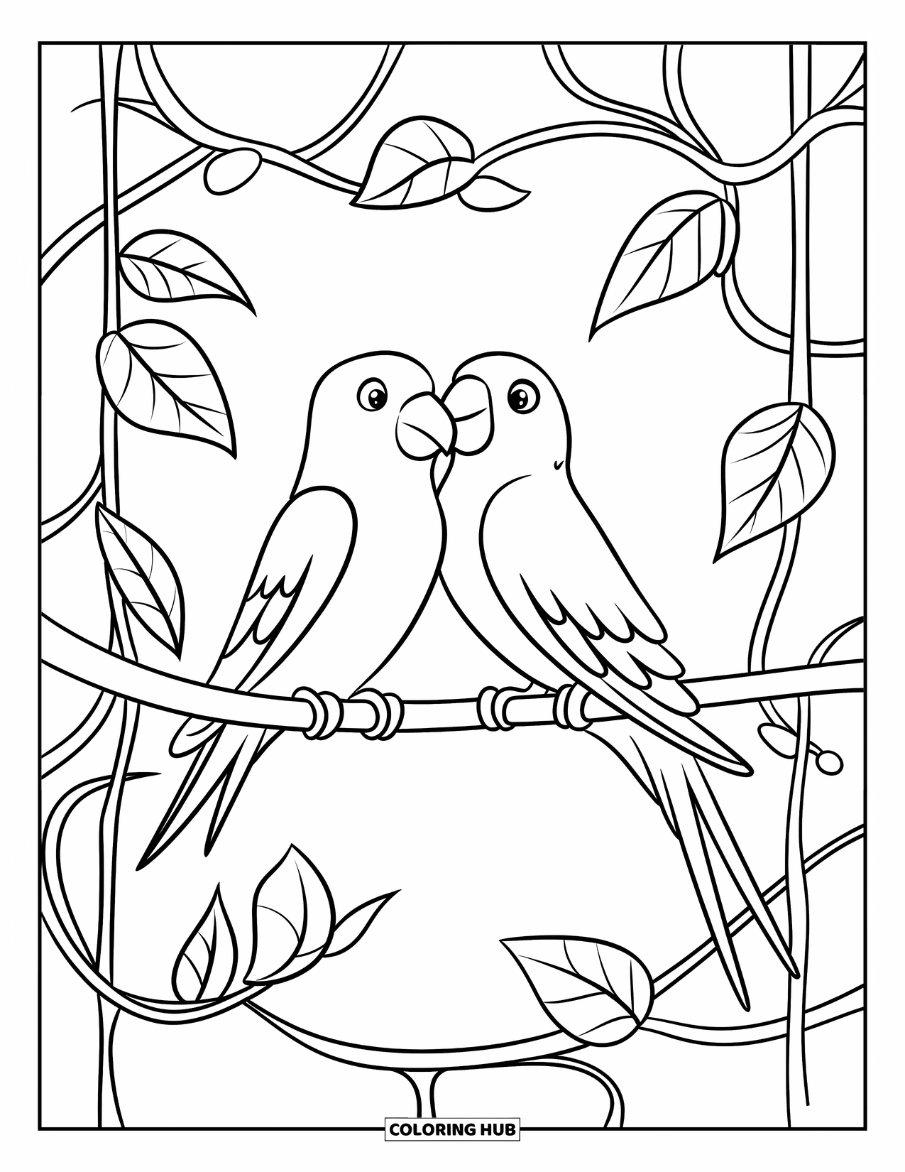 Vogel Ausmalbild für Kinder: Zwei Turteltauben sitzen auf einem Ast, der in Ranken gehüllt ist