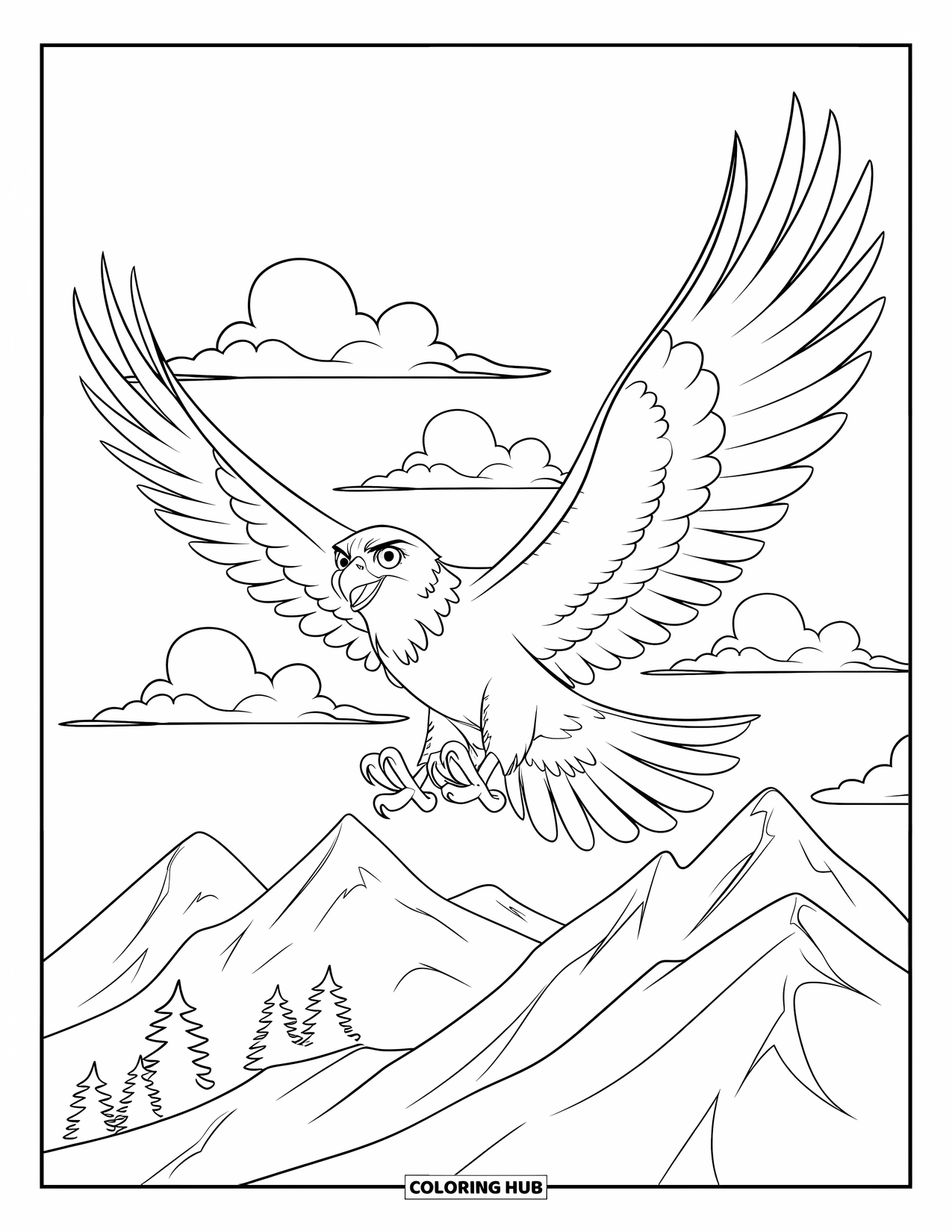 Vogel Ausmalbild für Kinder: Breitäugiger Falke fliegt durch den Himmel über baumbedeckten Gipfeln