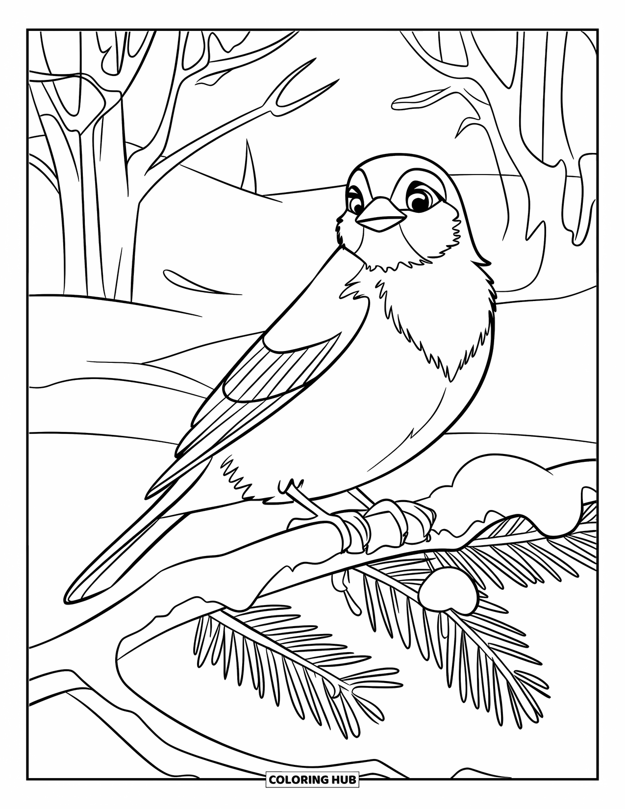 Vogel Ausmalbild für Kinder: Wintervogel sitzt auf einem verschneiten Ast mit einem Tannenzapfen in der Nähe