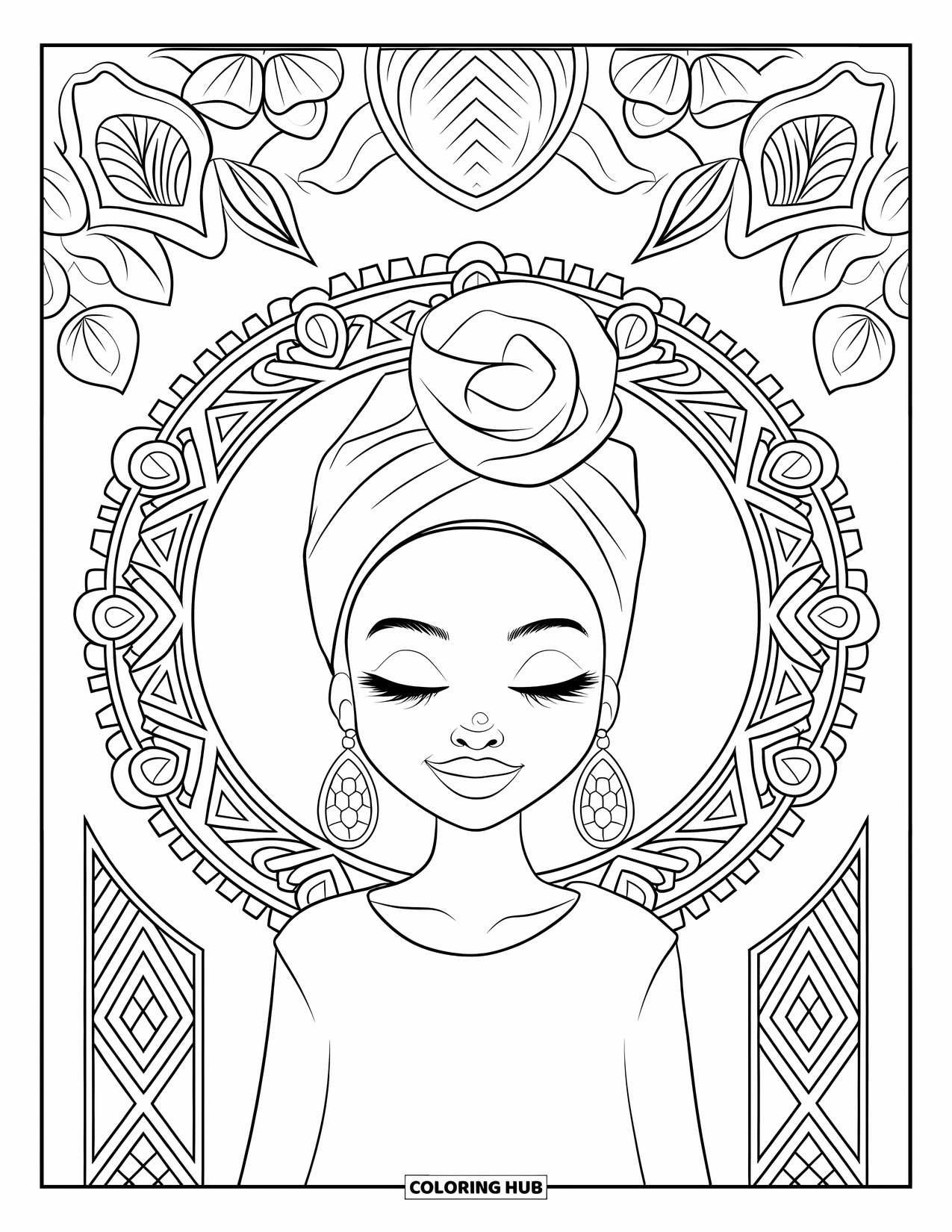 Desen de colorat cu o fată de culoare pentru adulți: O fată calmă cu o eșarfă pe cap zâmbește pe un fundal de artă florală și geometrică detaliată