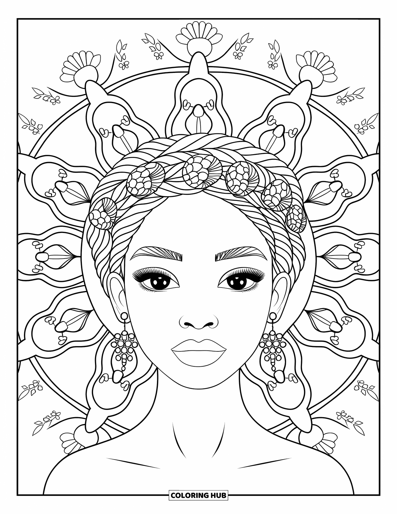 Desen de colorat cu o fată de culoare pentru adulți: O fată calmă cu coroană împletită și piesă de cap stă în interiorul unor vițe florale elegante