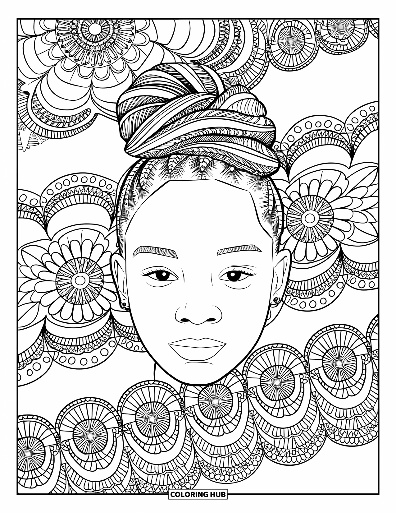 Desen de colorat cu o fată de culoare pentru adulți: O fată calmă cu părul răsucit este înconjurată de modele detaliate de dantelă mandala