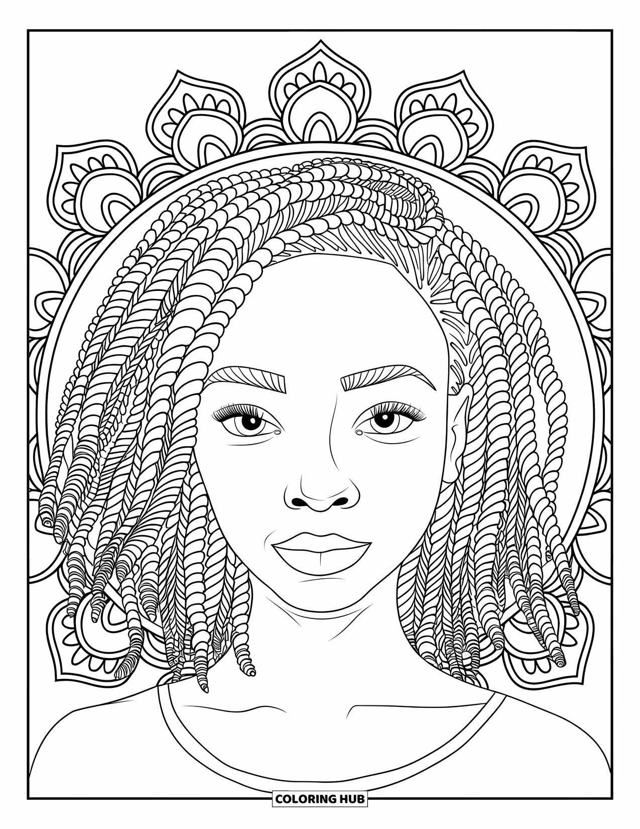 Desen de colorat cu o fată de culoare pentru adulți: O fată calmă cu părul răsucit este înconjurată de o dantelă mandala delicată