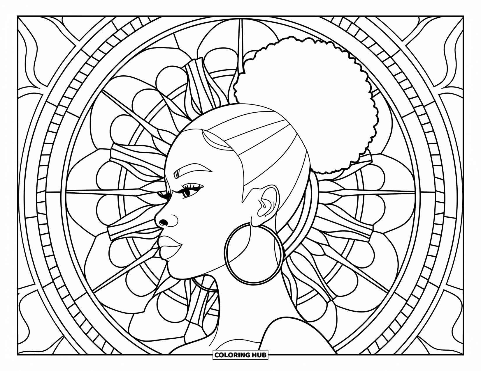 Desen de colorat cu o fată de culoare pentru adulți: Un profil calm al unei femei cu un coc afro strălucește cu simetria vitraliilor