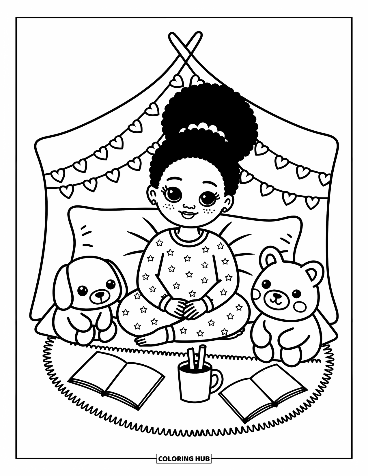 Desen de colorat cu o fată de culoare pentru adulți: O scenă confortabilă într-un fort cu o fată, animale împăiate și lumini în formă de inimă