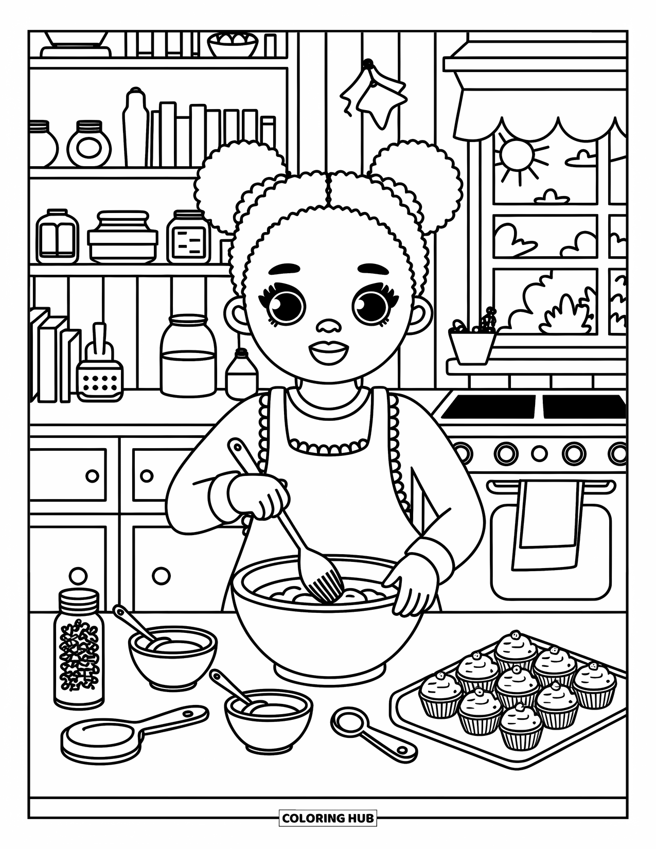 Desen de colorat cu o fată de culoare pentru adulți: O scenă confortabilă de bucătărie cu o fată care coace brioșe și rafturi pline de bunătăți