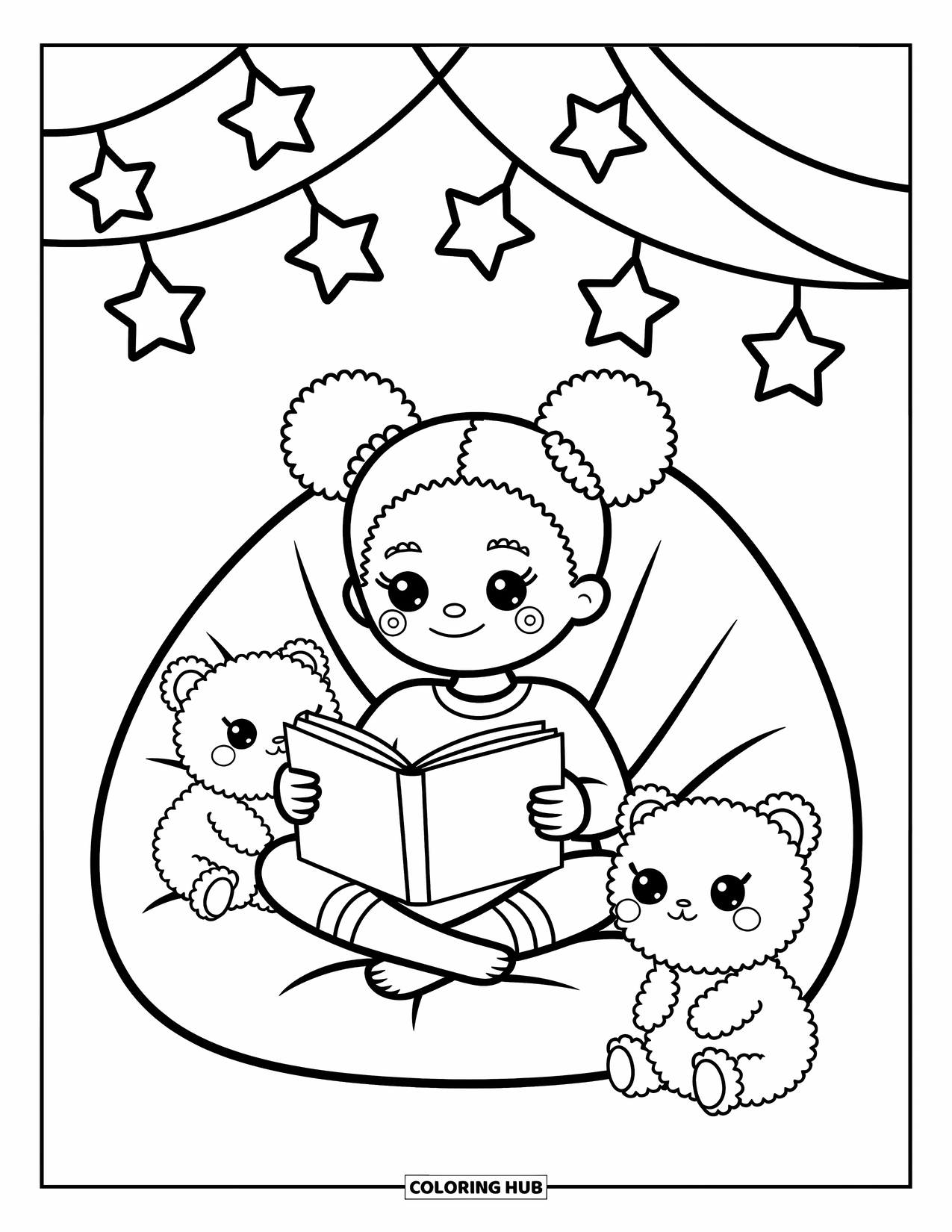 Desen de colorat cu o fată de culoare pentru adulți: Un moment de lectură confortabil cu luminițe, prieteni de pluș și un scaun cald